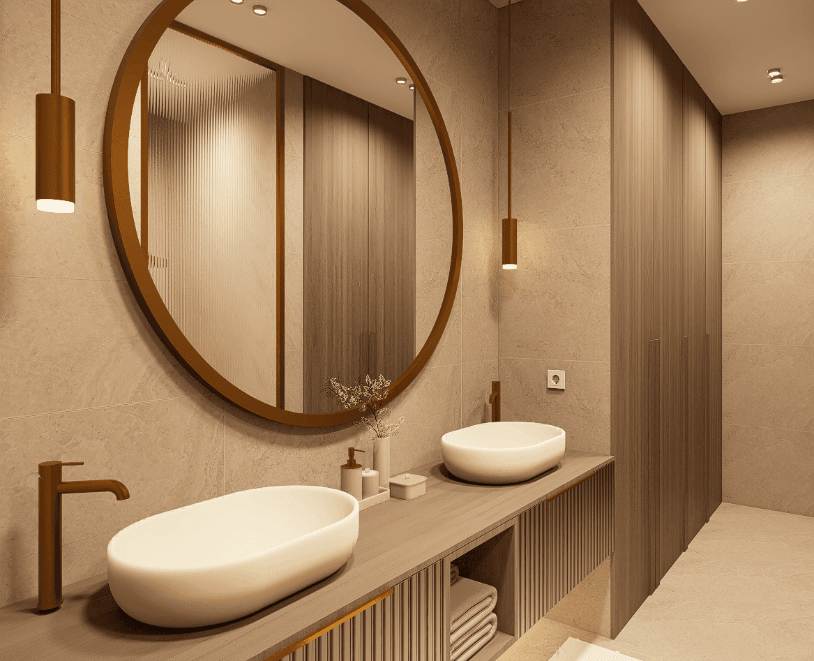 Detailansicht des modernen Doppelwaschbeckens mit eleganten Armaturen und großem Rundspiegel.