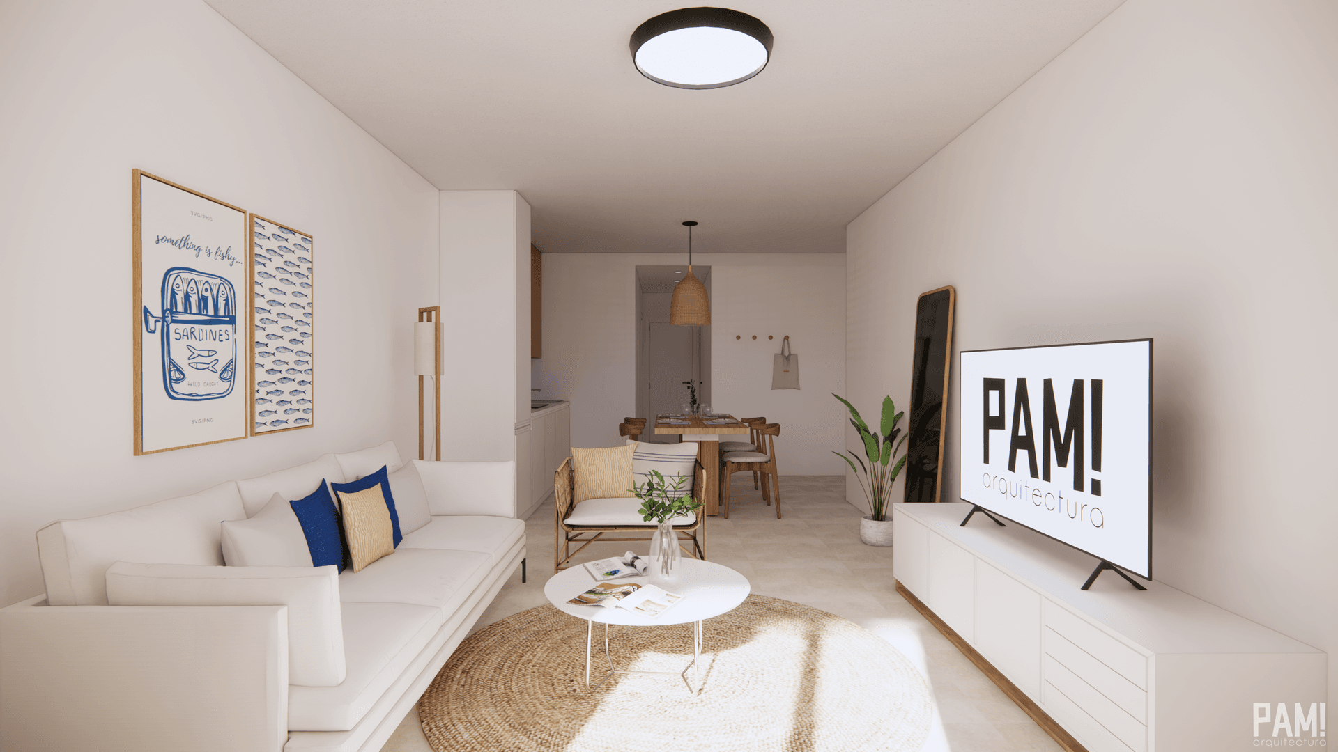 Helles Wohnzimmer mit weißem Sofa, Couchtisch und Blick auf den Essbereich.