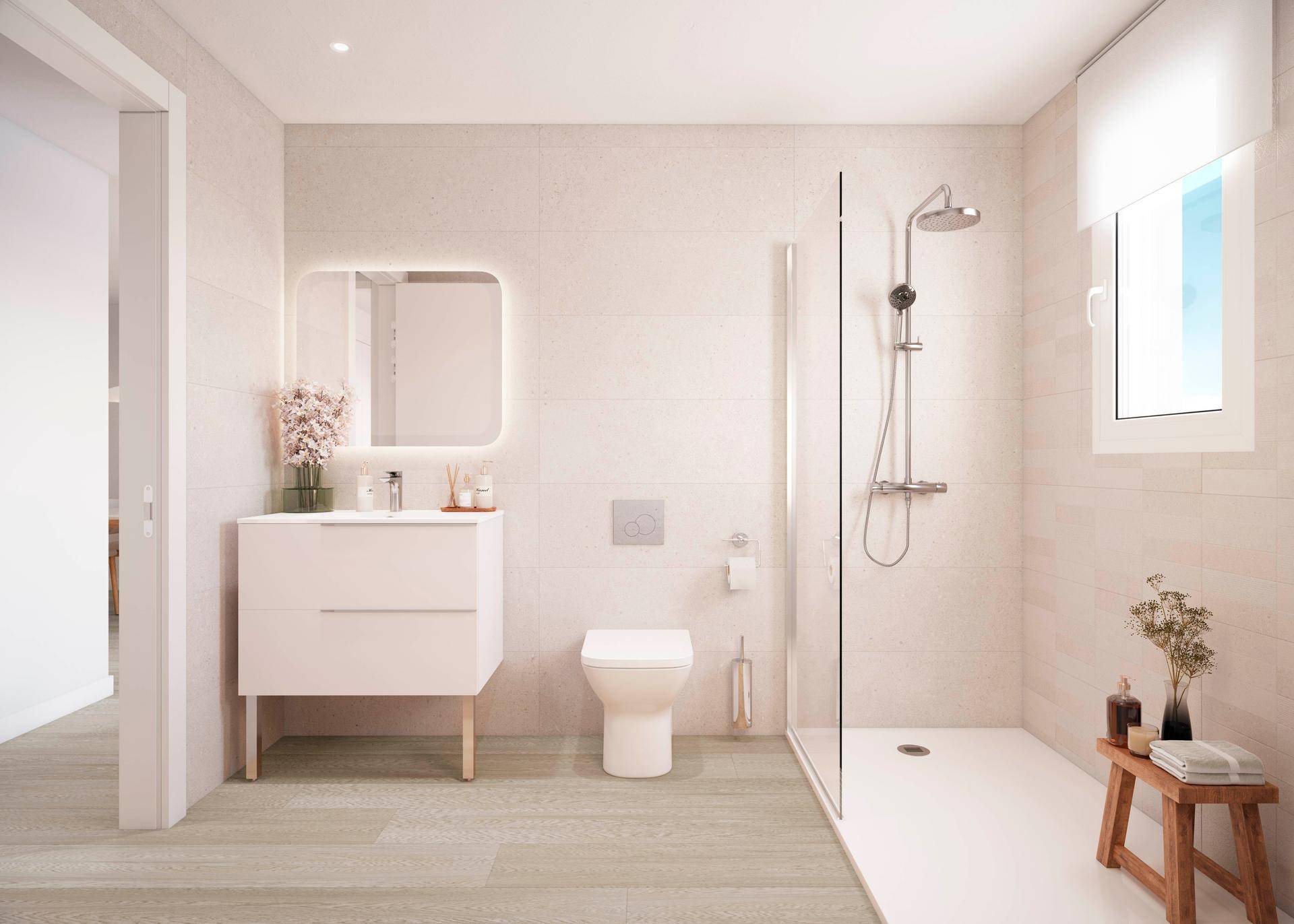 Modernes Badezimmer mit begehbarer Dusche, Wand-WC, Einzelwaschbecken und Fenster für Tageslicht.