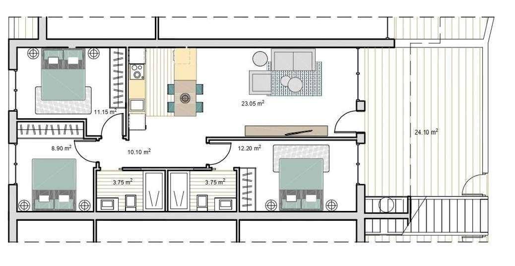 Grundriss einer Wohnung mit drei Schlafzimmern, offenem Wohnbereich und großer Terrasse.