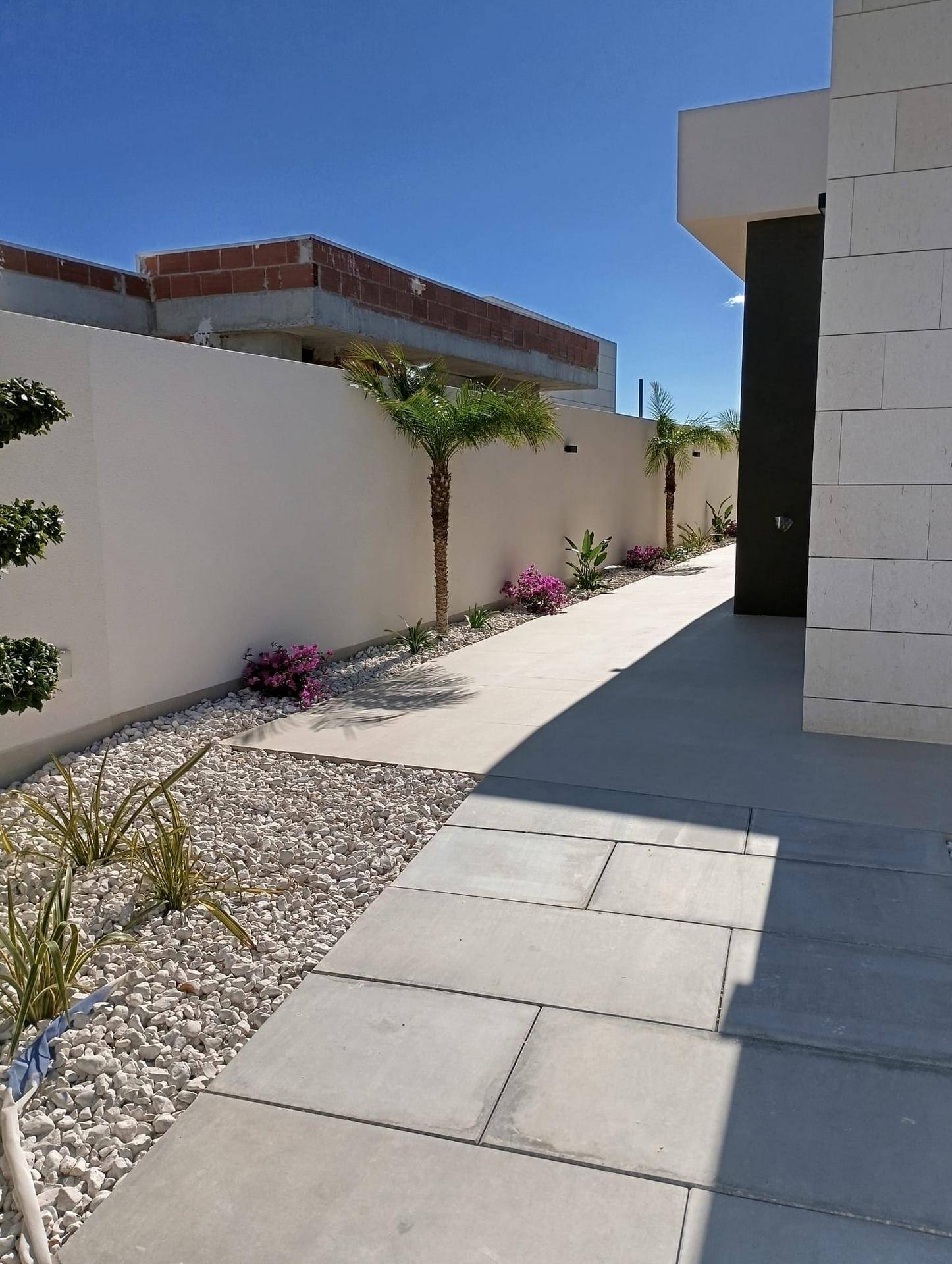 Seitlicher Gartenweg mit Kiesbeet, jungen Palmen und blühenden Pflanzen entlang der Hauswand.