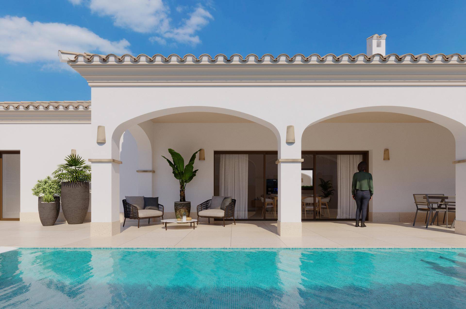 Moderne Villa mit weitläufigem Poolbereich und überdachter Terrasse, perfekt für entspannte Stunden im Freien.