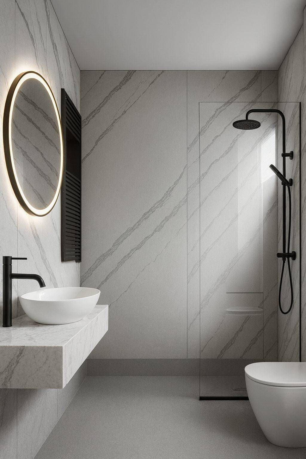Modernes Badezimmer mit begehbarer Dusche, schwebendem Waschtisch und beleuchtetem Rundspiegel.