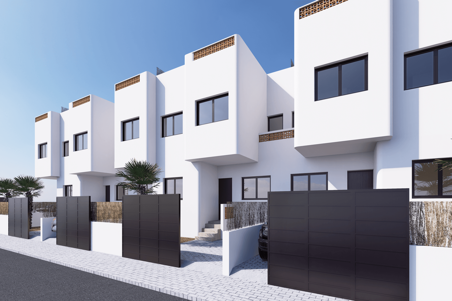 Moderne Reihenhäuser mit weißer Fassade und dunklen Fenstern, direkt an der Straße gelegen.