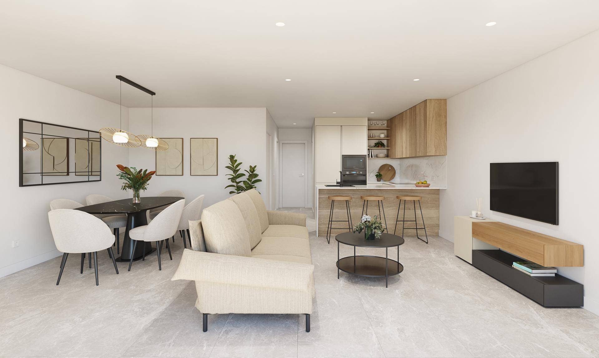 Geräumiger Wohn-Essbereich mit beigem Sofa, Esstisch und offener Küche mit Frühstücksbar.