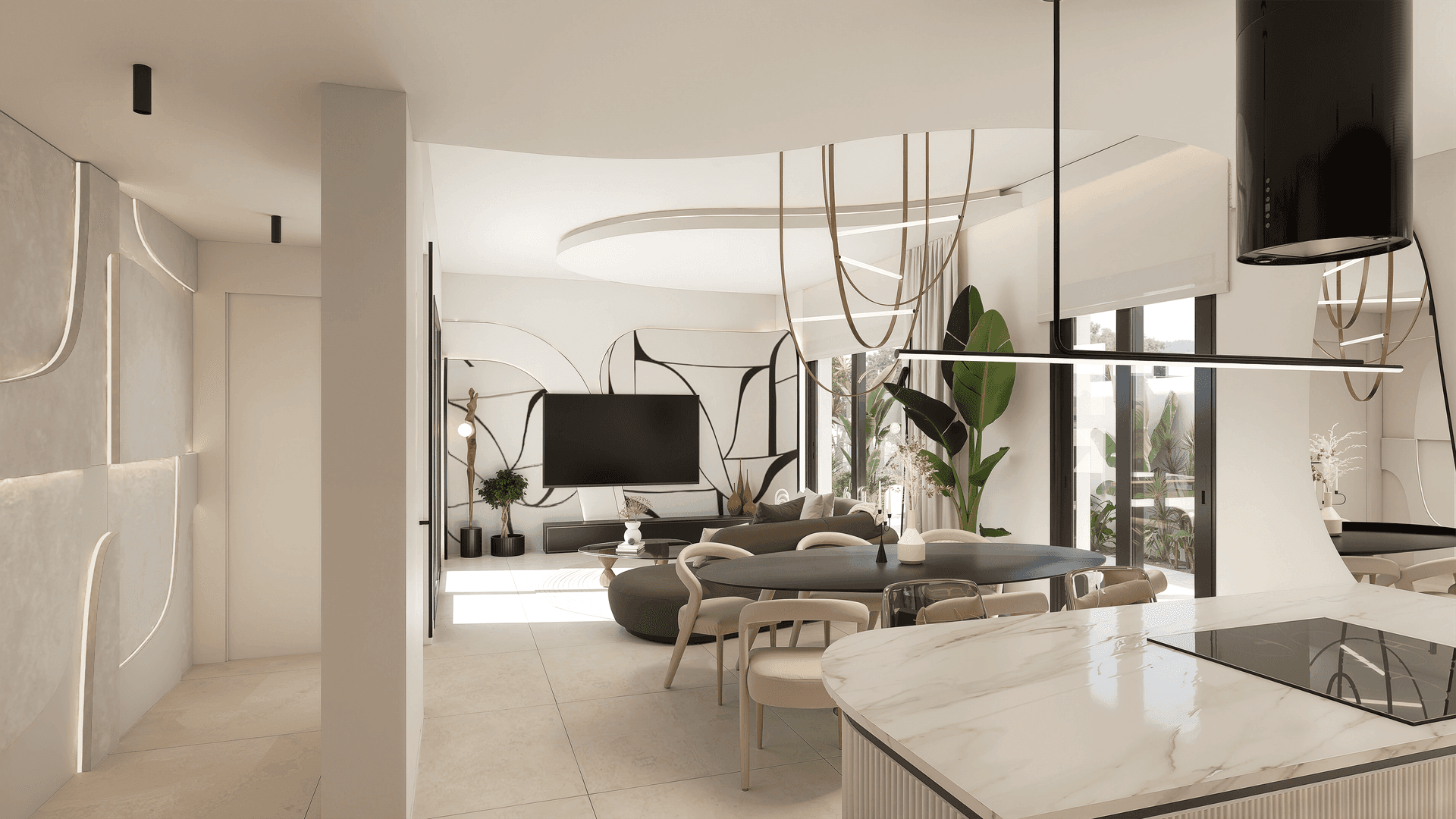Geräumiger offener Wohnbereich mit Küche, Esszimmer und Wohnzimmer, hell und modern gestaltet.