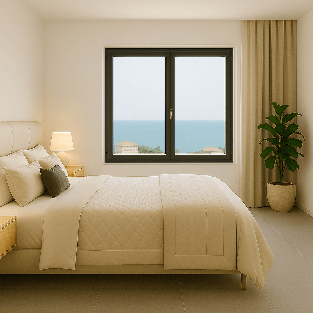 Gemütliches Schlafzimmer mit Meerblick, großem Fenster und beigem Interieur.