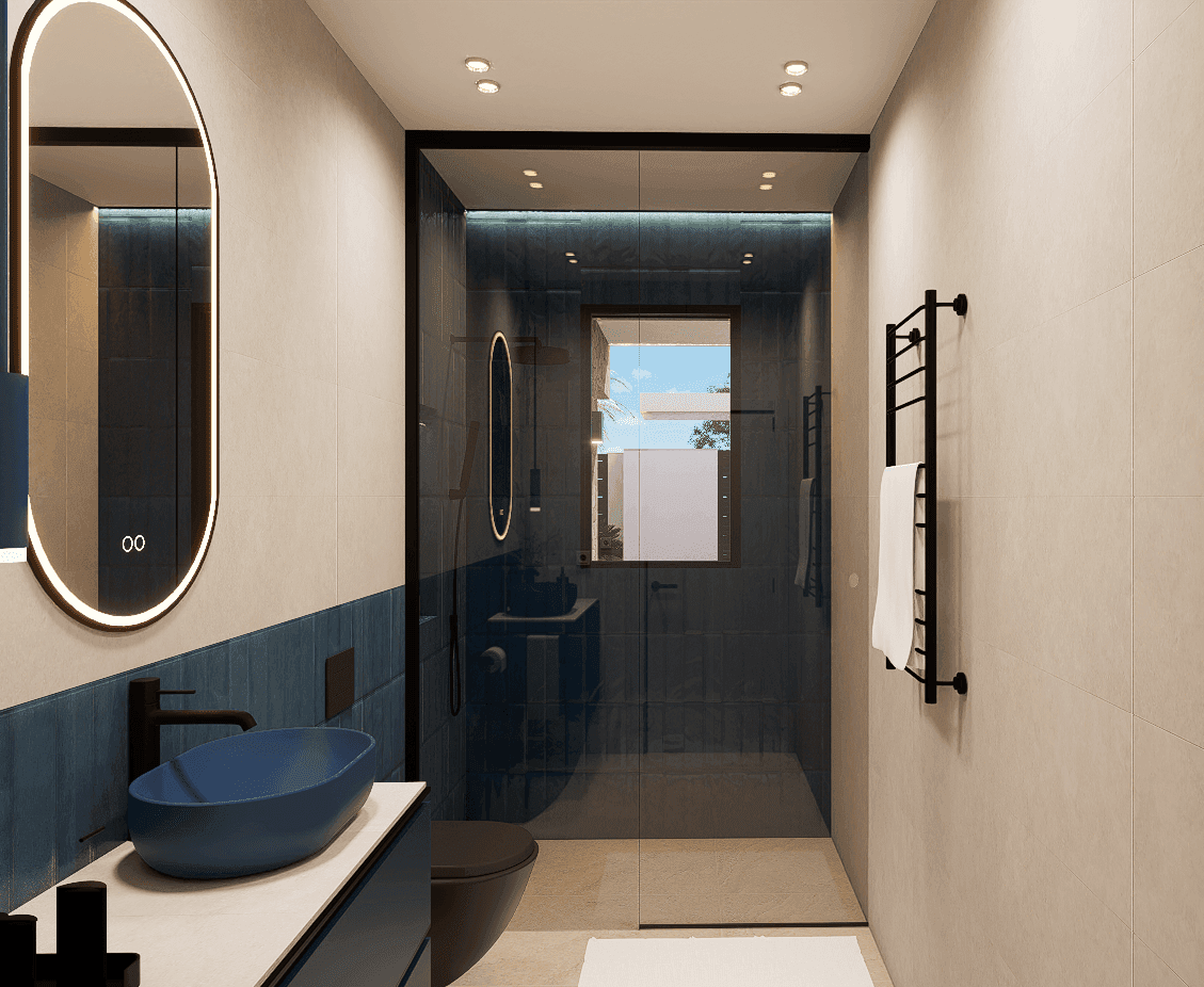 Modernes Badezimmer mit blauem Waschbecken, wandhängender Toilette und großer begehbarer Dusche.