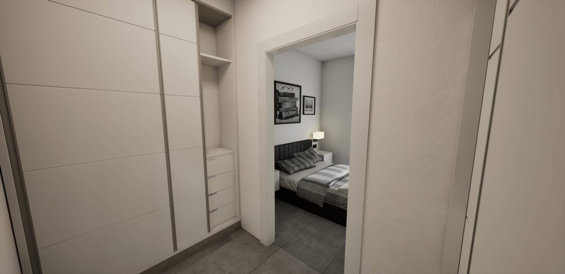 Flur mit Einbauschränken, der zu einem modernen Schlafzimmer führt.