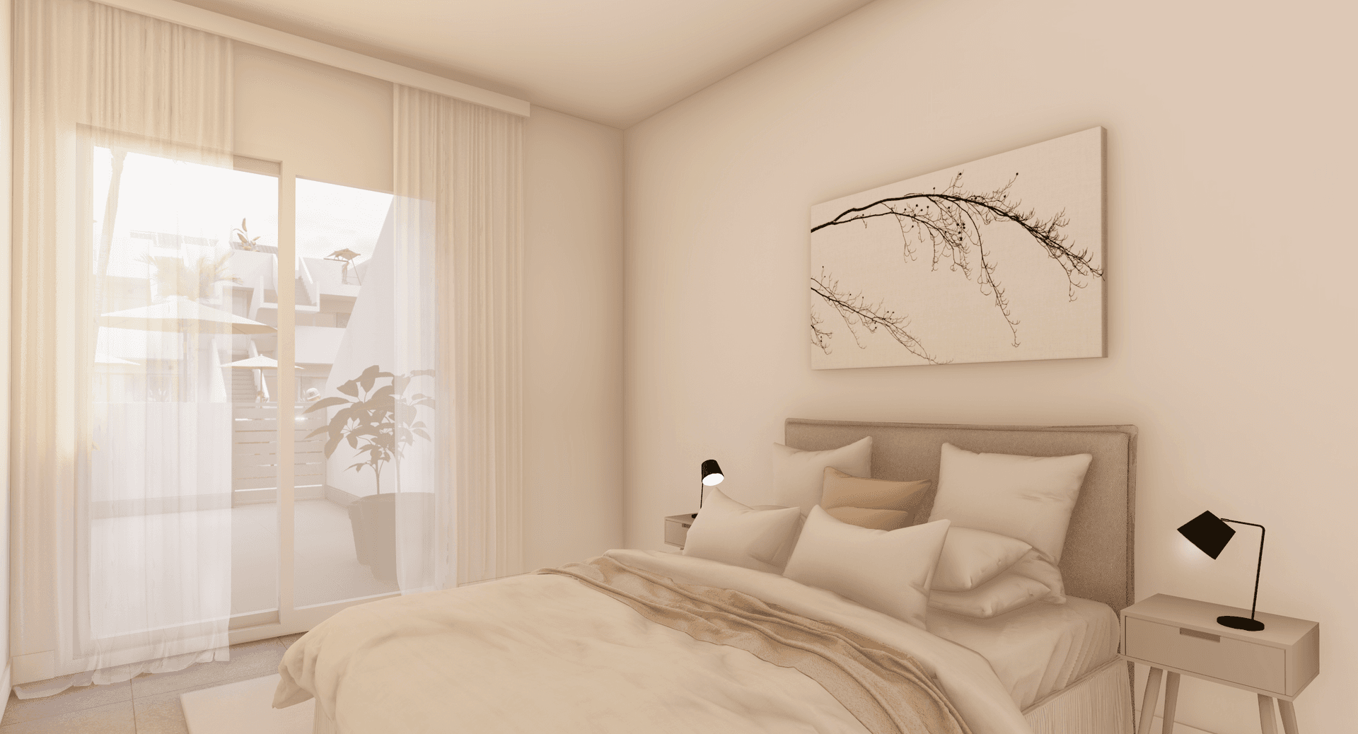 Lichtdurchflutetes Schlafzimmer mit Zugang zu einem Balkon und moderner Einrichtung.