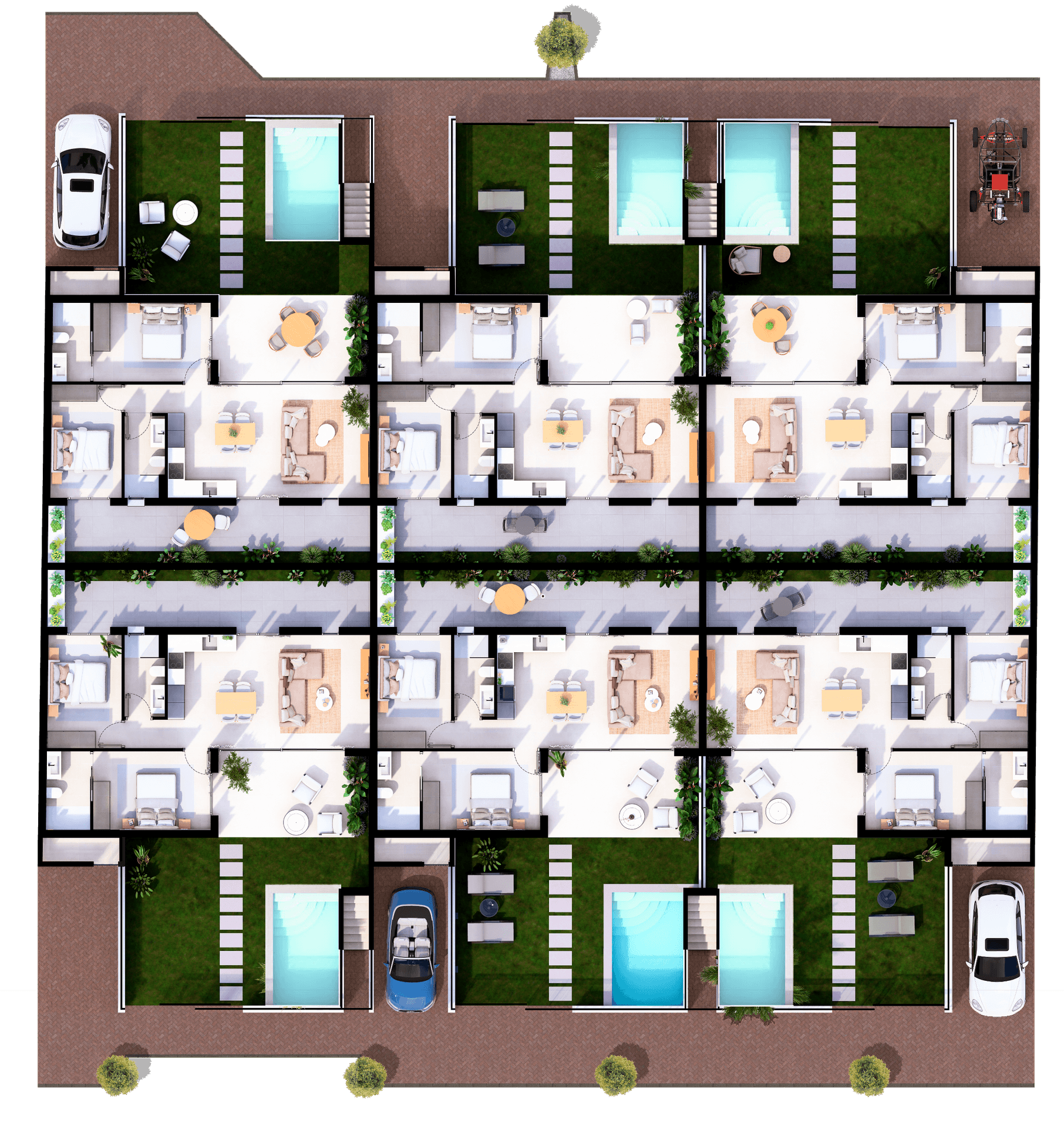 Übersichtsplan der gesamten Reihenhausanlage mit Gärten, Pools und Parkplätzen.