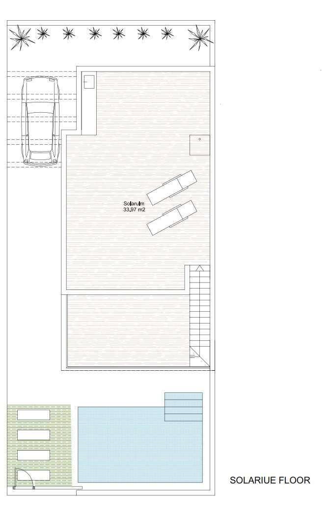 Grundriss des Solarium-Dachgeschosses mit großer Dachterrasse und Zugang zum Poolbereich.