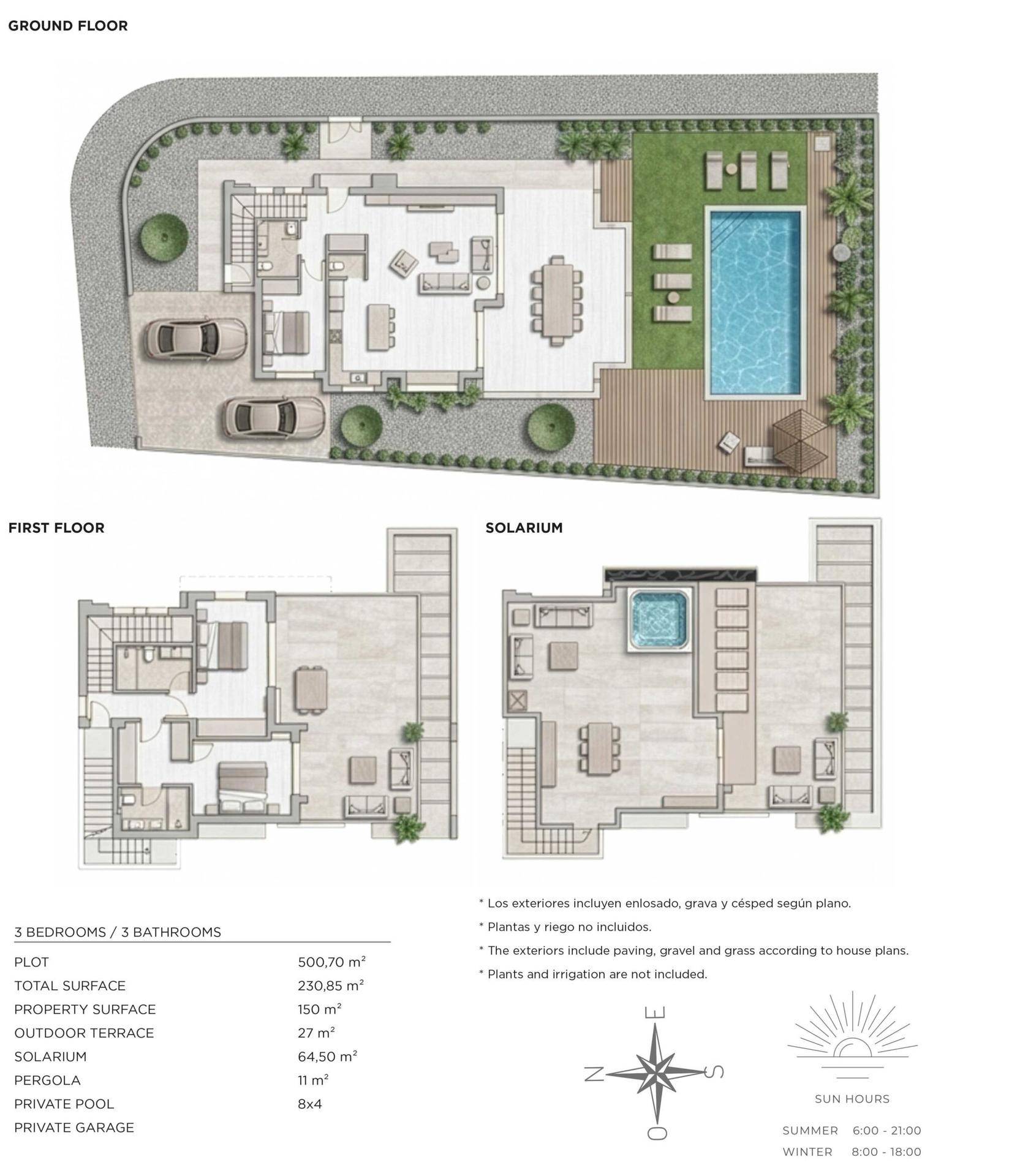 Detaillierter Grundriss der Villa über drei Ebenen mit Garten, Pool und Garage.