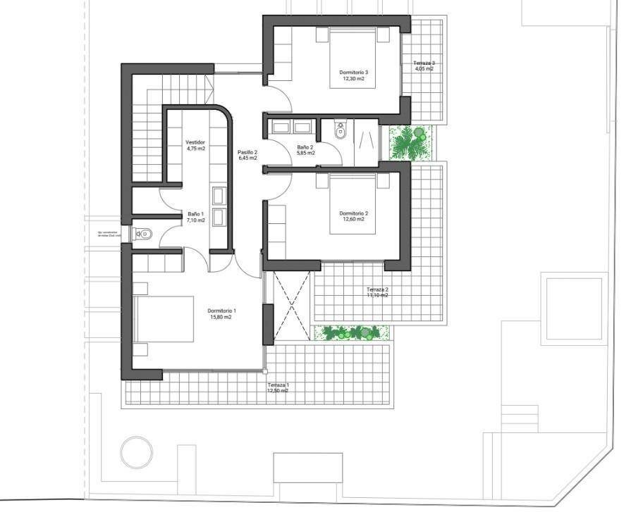 Grundriss des Obergeschosses mit drei Schlafzimmern, zwei Bädern und mehreren Terrassen.