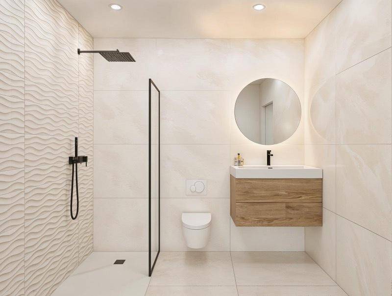 Modernes Badezimmer mit begehbarer Dusche, schwebendem Waschtisch und runden Spiegeln.