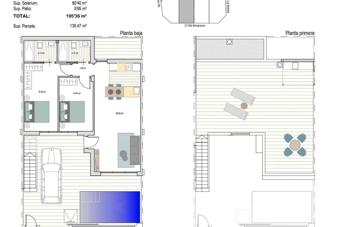 Grundrissplan zeigt Erdgeschoss und Obergeschoss mit Schlafzimmern, Wohnbereich, Pool und Terrasse.