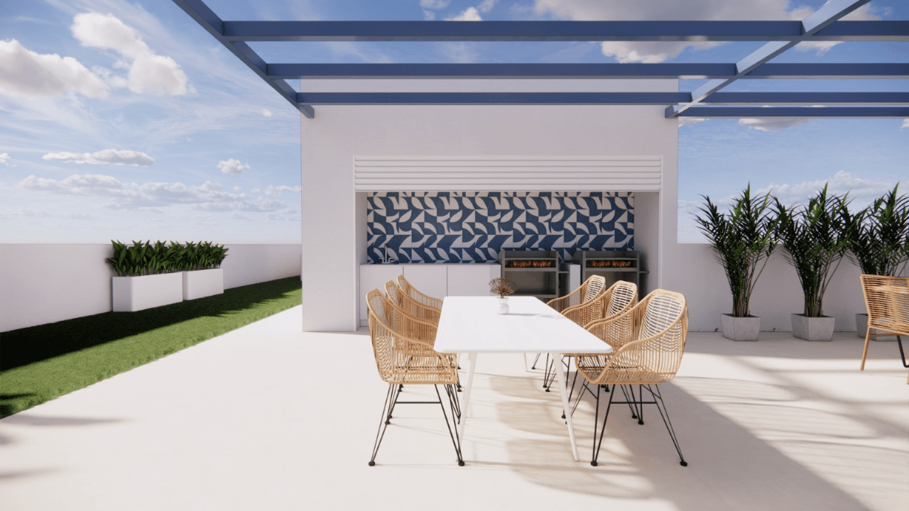 Geräumige Dachterrasse mit Essbereich, Pergola und Grillstation.