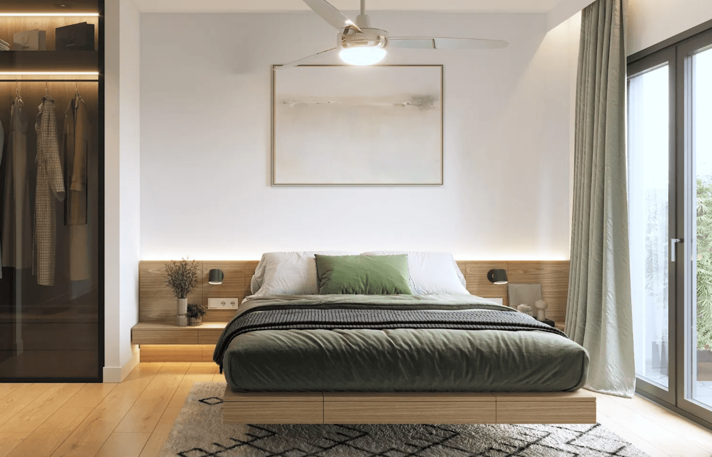 Helles Schlafzimmer mit modernem Bett, Einbauschrank und Zugang zum Balkon.