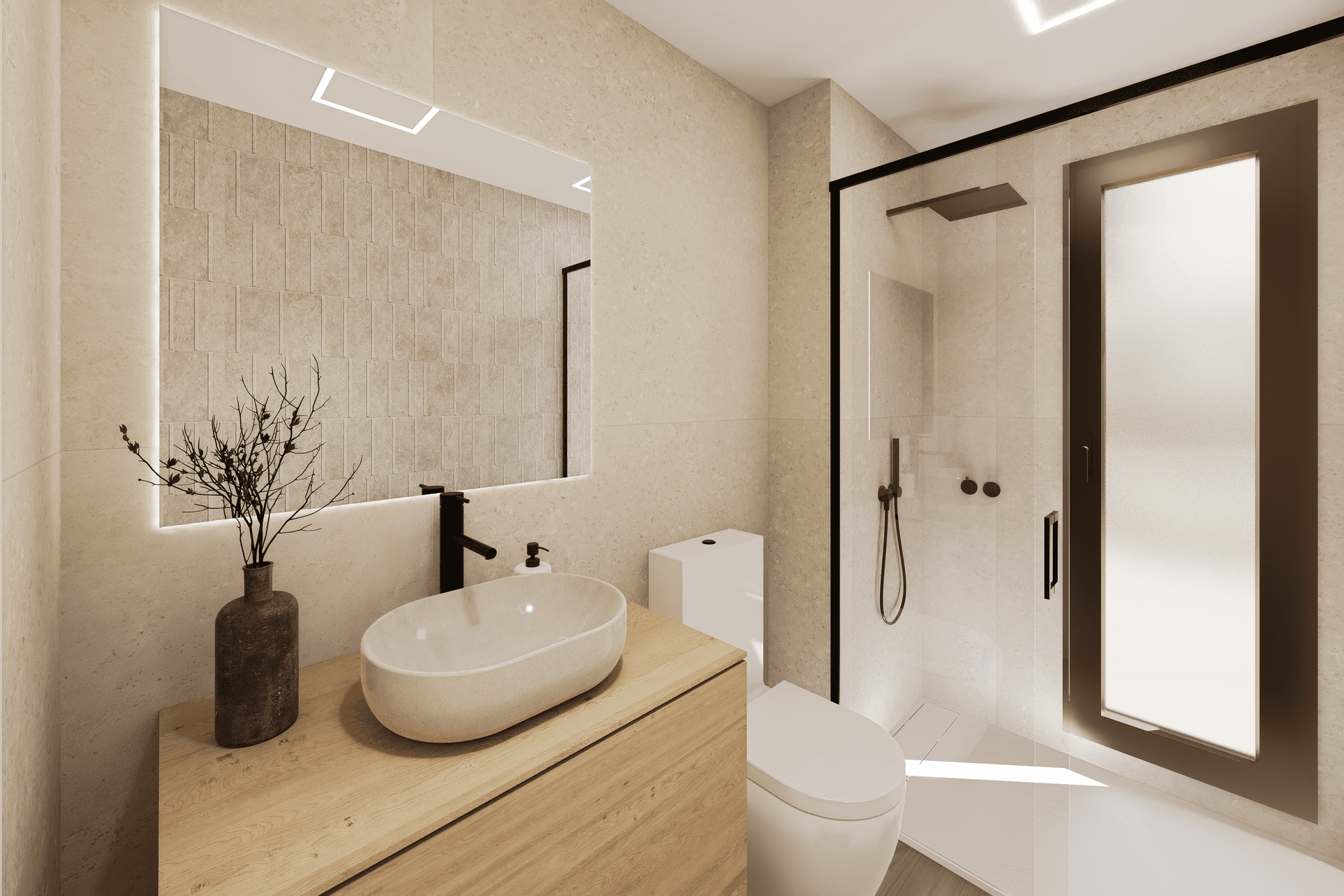 Modernes Badezimmer mit begehbarer Dusche, stilvollem Waschbecken und beleuchtetem Spiegel.
