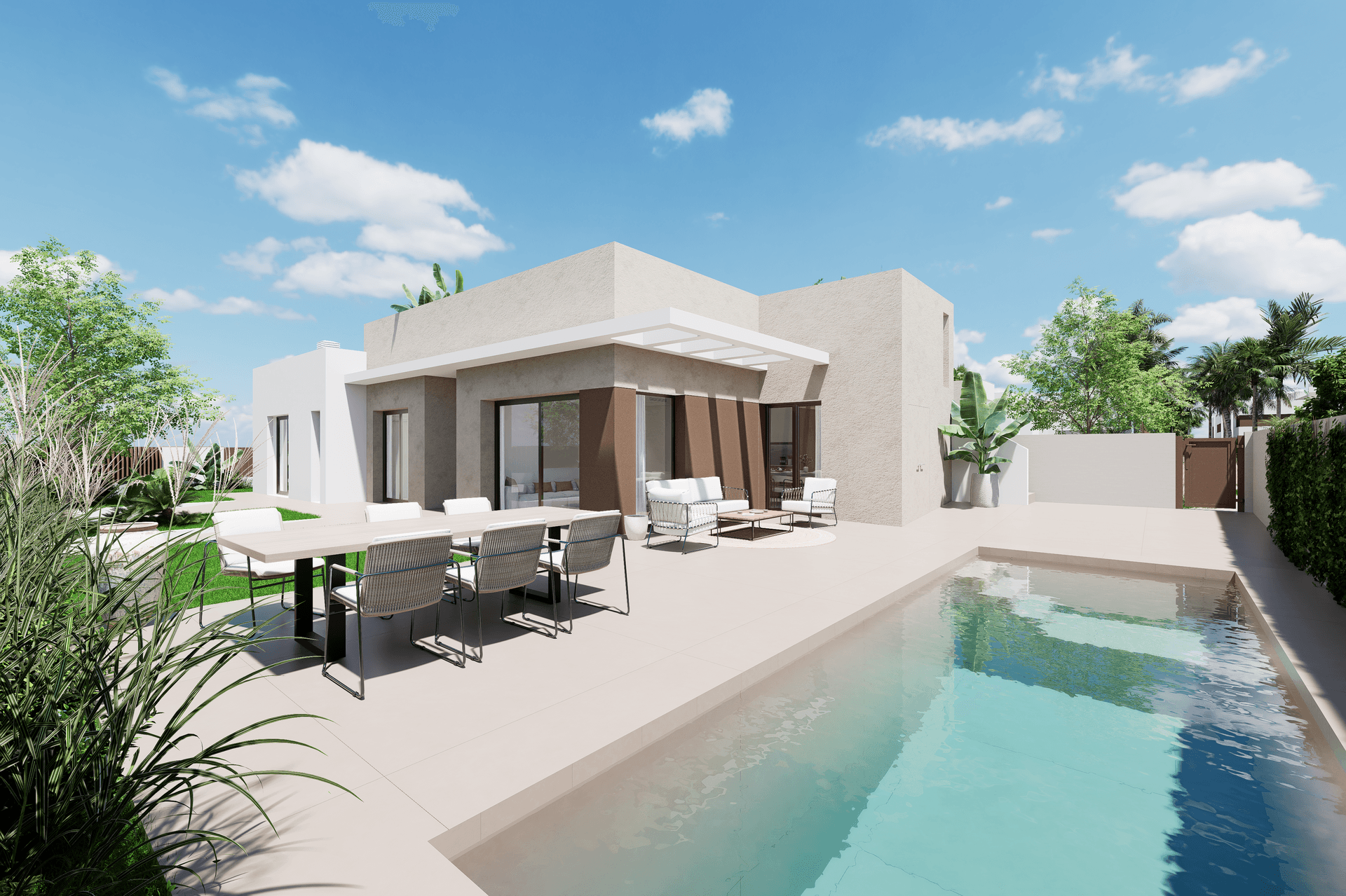 Geräumige Terrasse mit Esstisch und Lounge-Bereich neben dem privaten Pool einer modernen Villa.