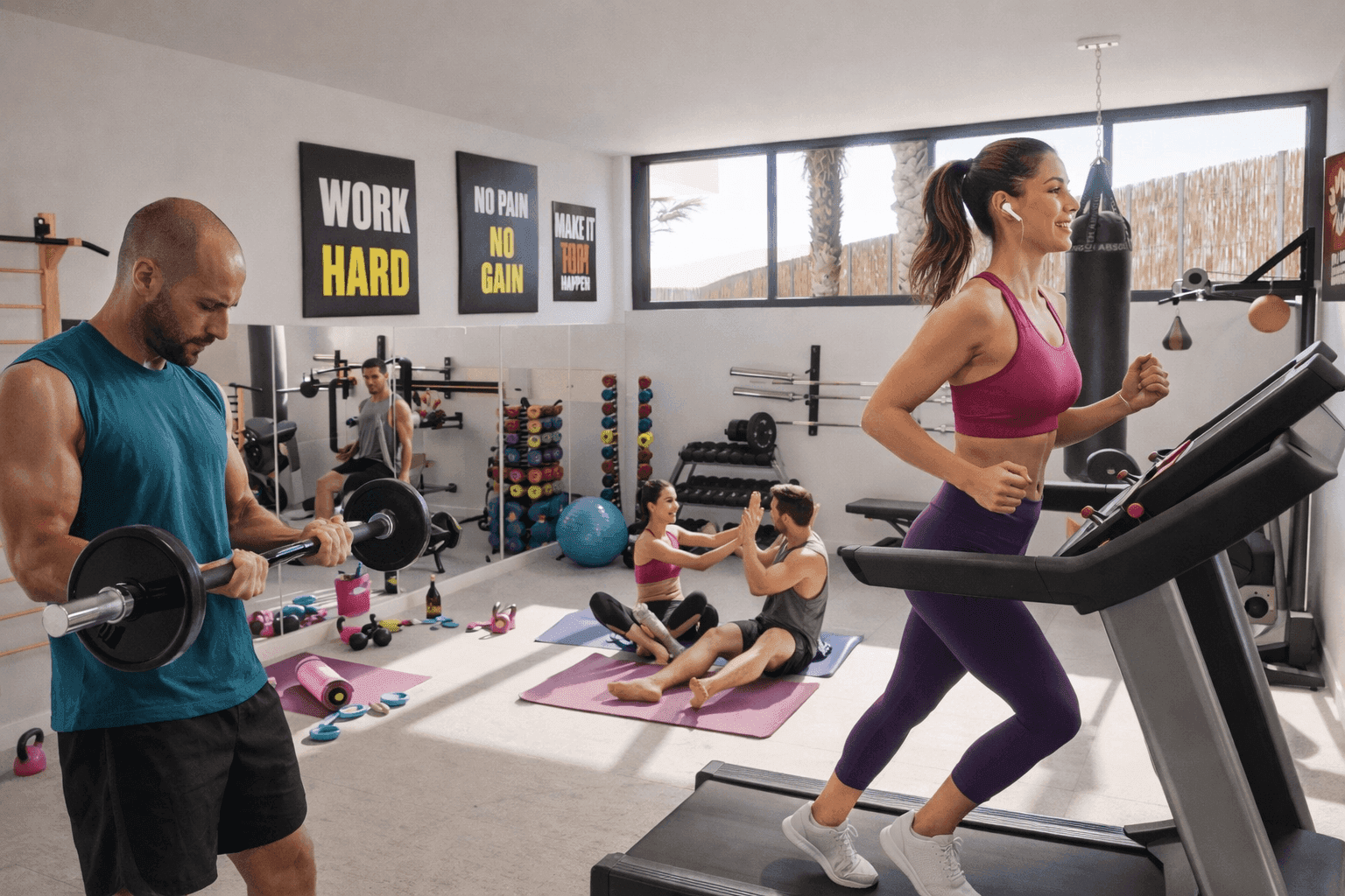 Belebtes Fitnessstudio mit verschiedenen Trainingsbereichen und motivierenden Wandbildern.