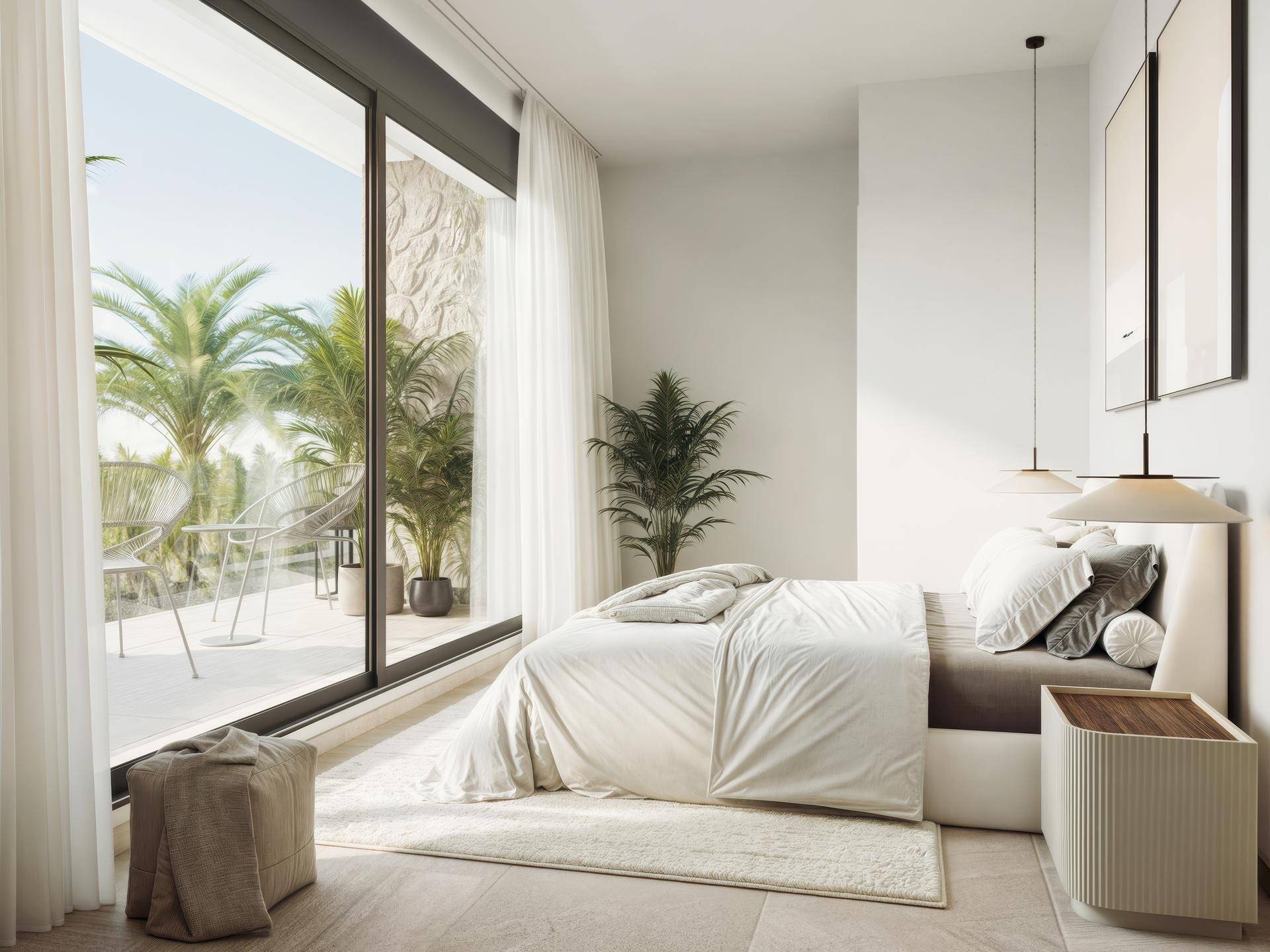 Modernes Schlafzimmer mit großen Glasfronten, die viel Licht hereinlassen und Zugang zur Terrasse bieten.