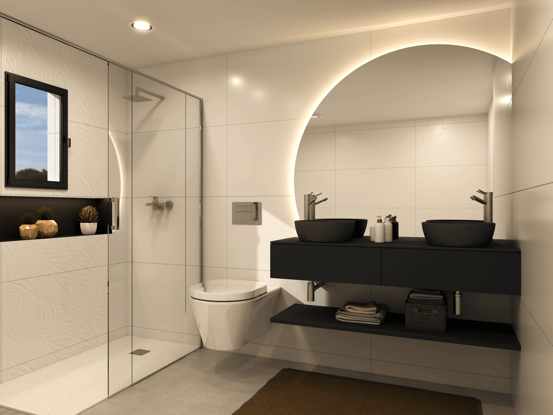 Elegantes Badezimmer mit zwei schwarzen Waschbecken, großem runden Spiegel und begehbarer Dusche.