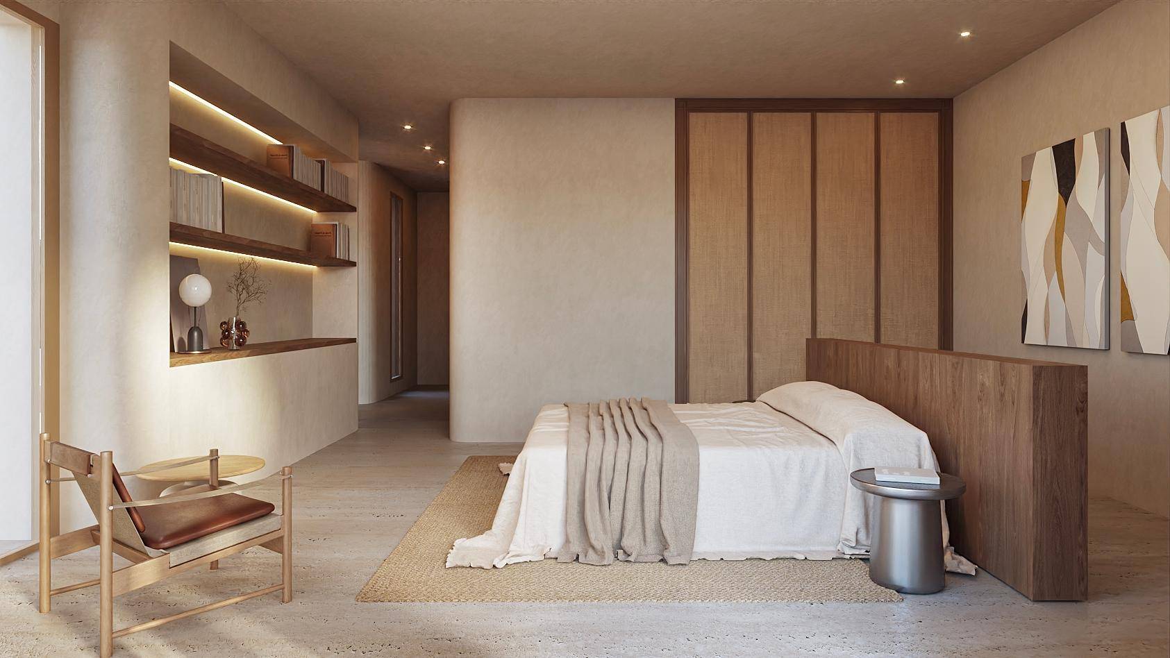 Modernes Schlafzimmer mit Holzbett, integrierten Regalen und minimalistischer Einrichtung.