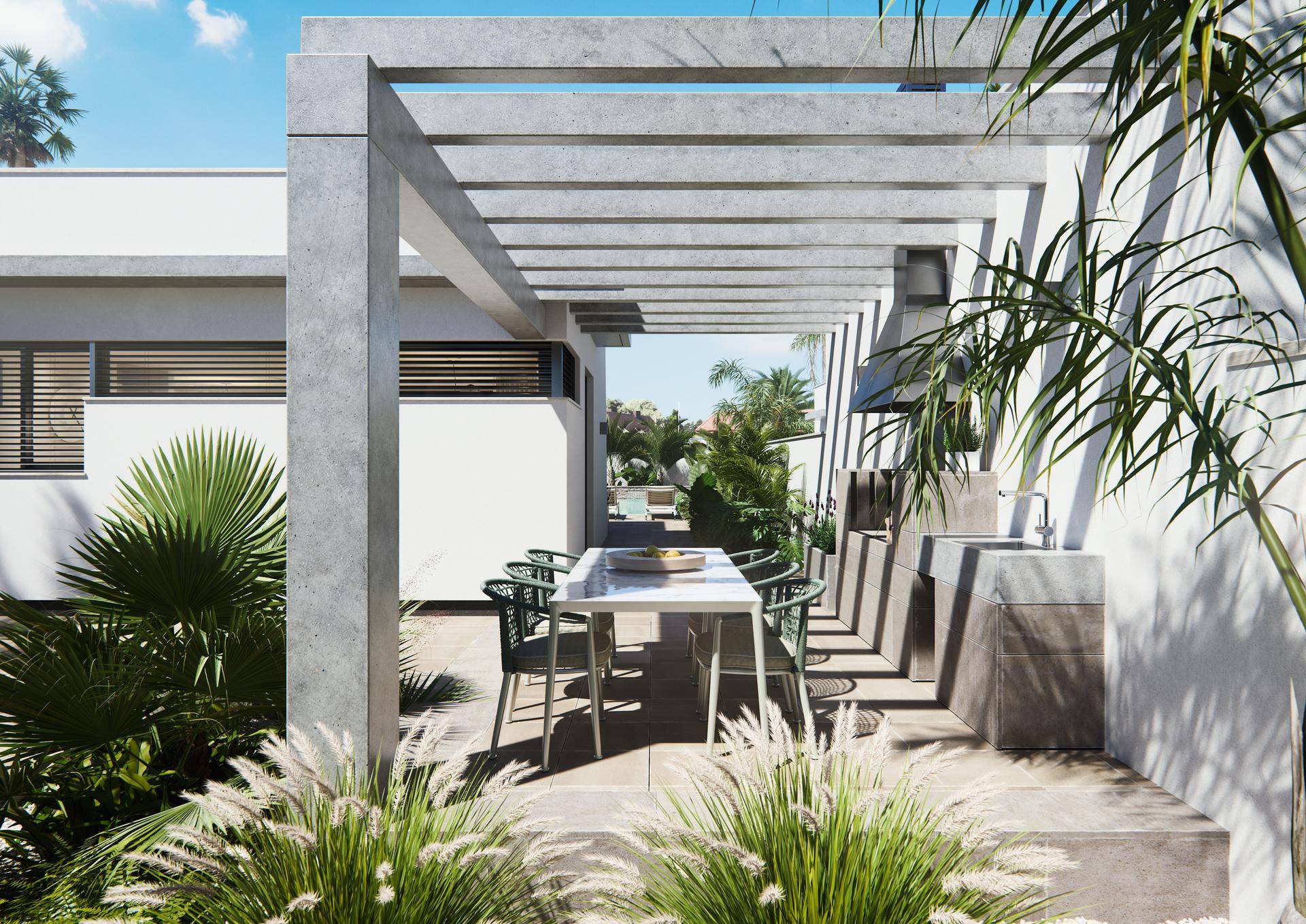 Überdachter Essbereich im Freien unter einer modernen Pergola, umgeben von mediterraner Bepflanzung.