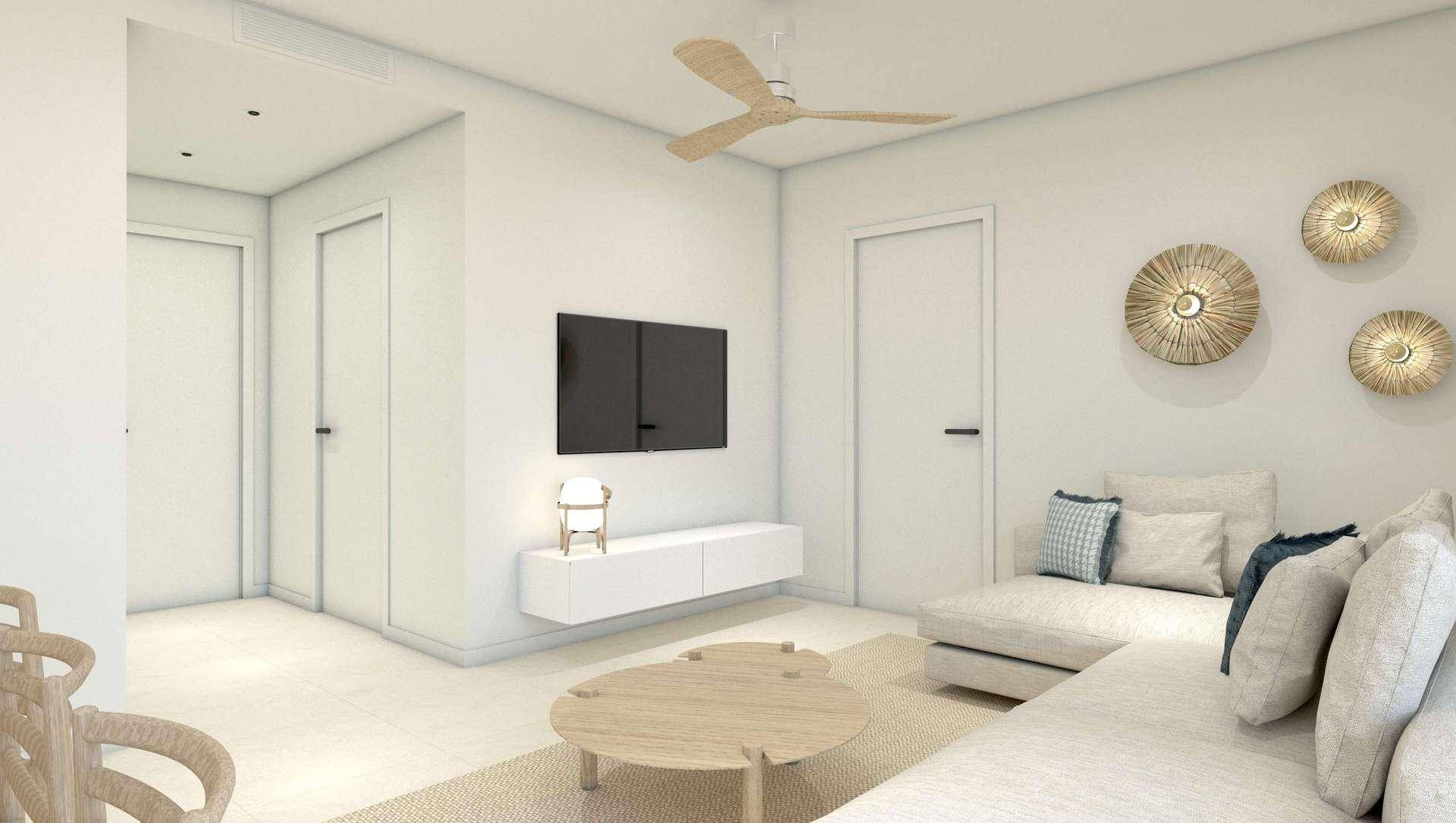 Modernes, helles Wohnzimmer mit beigem Sofa, Holztisch und Deckenventilator in minimalistischem Design.