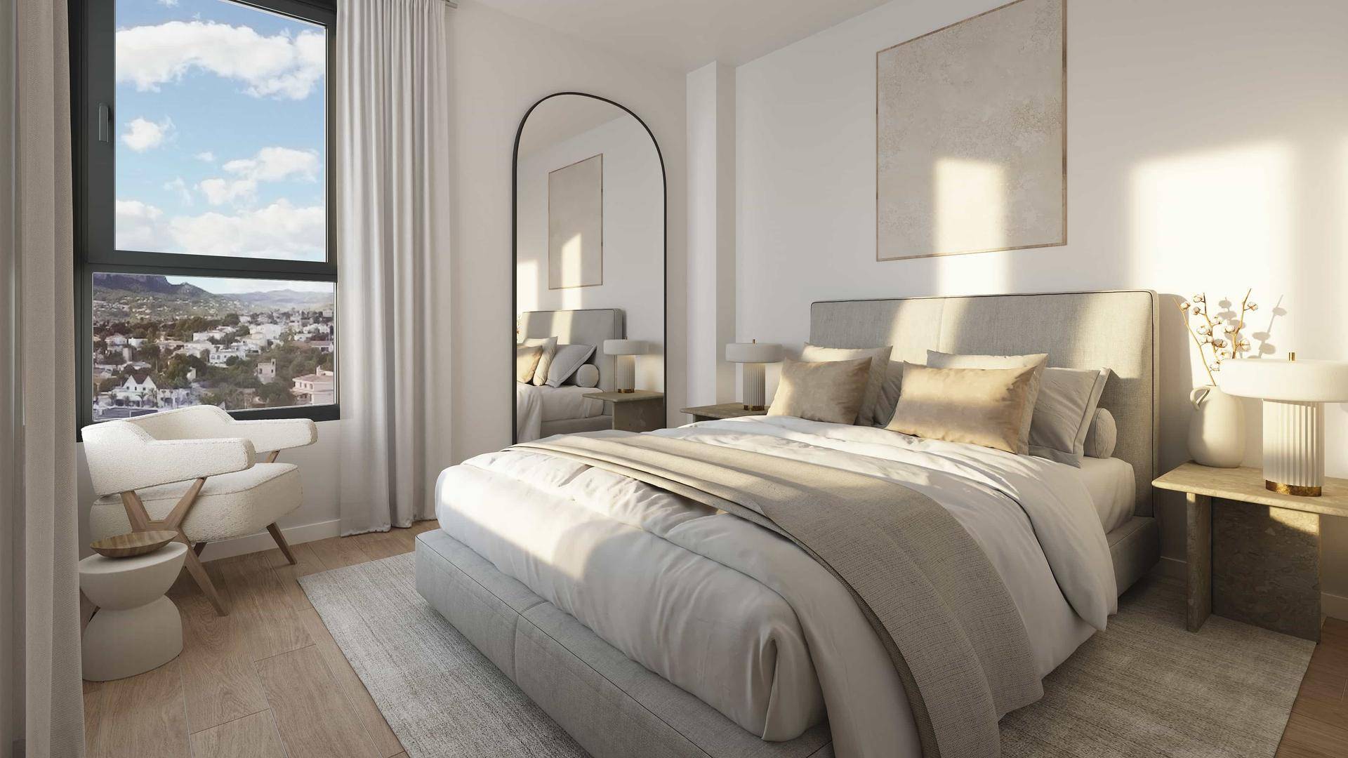 Helles Schlafzimmer mit großem Fenster, modernem Bett und Blick auf die Stadtlandschaft.