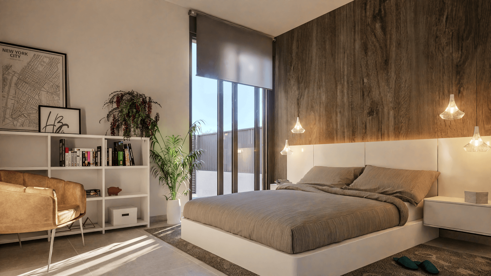 Modernes Schlafzimmer mit Holzwand, großem Bett und viel natürlichem Licht.