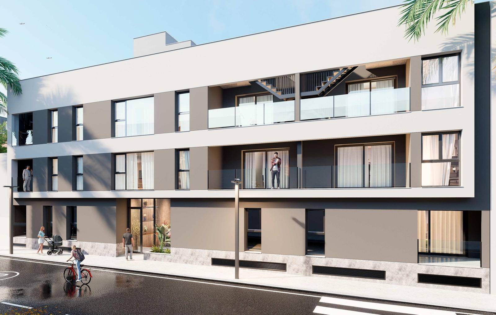 Detailansicht der modernen Fassade mit großen Fenstern und Balkonen.