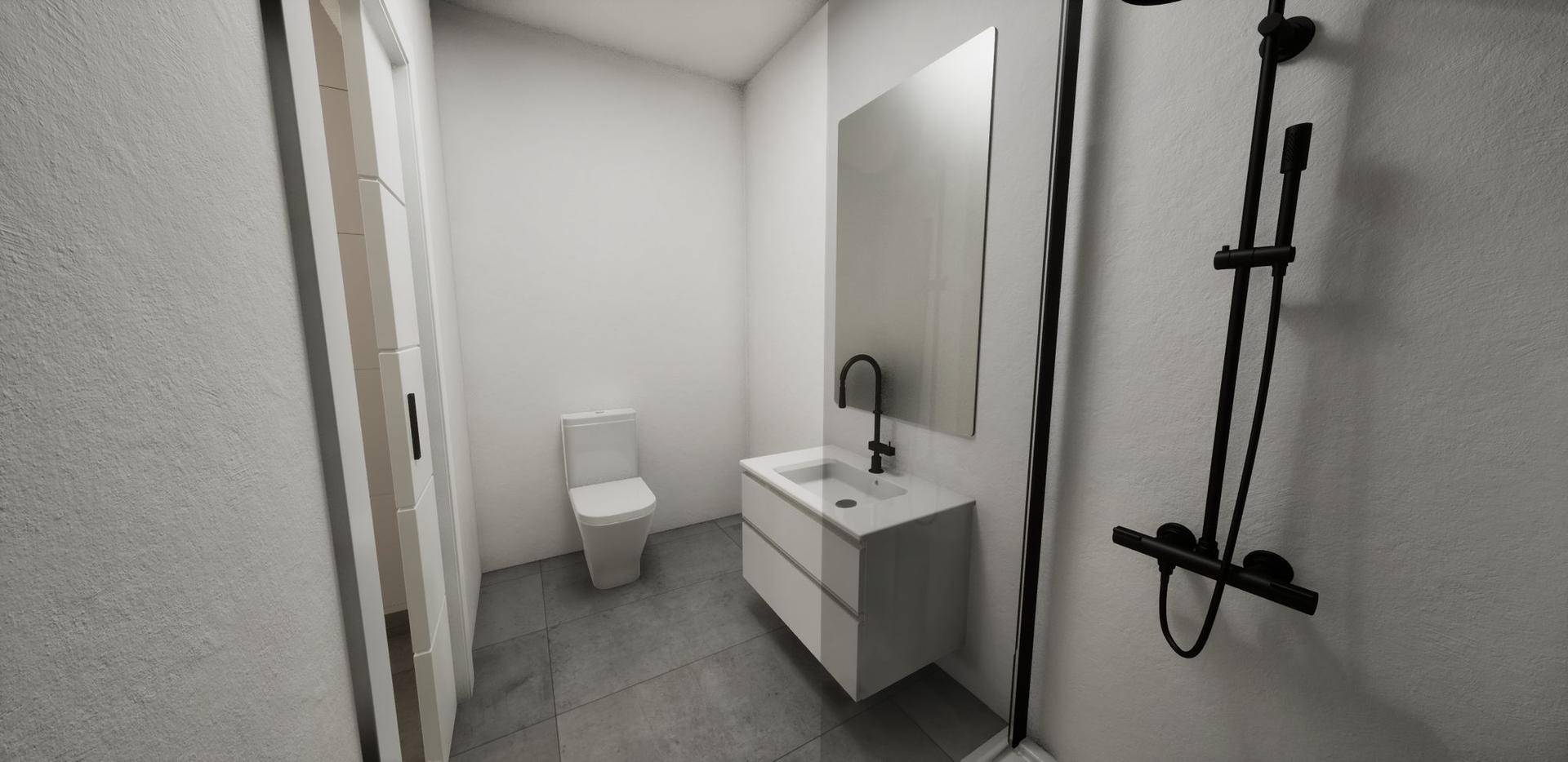 Modernes Badezimmer mit ebenerdiger Dusche, WC und Waschbecken.
