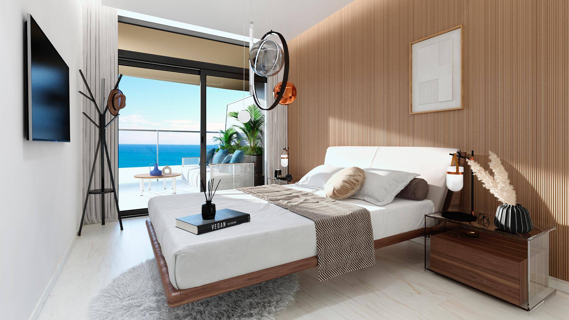 Modernes Schlafzimmer mit Doppelbett, Meerblick und direktem Zugang zum Balkon.