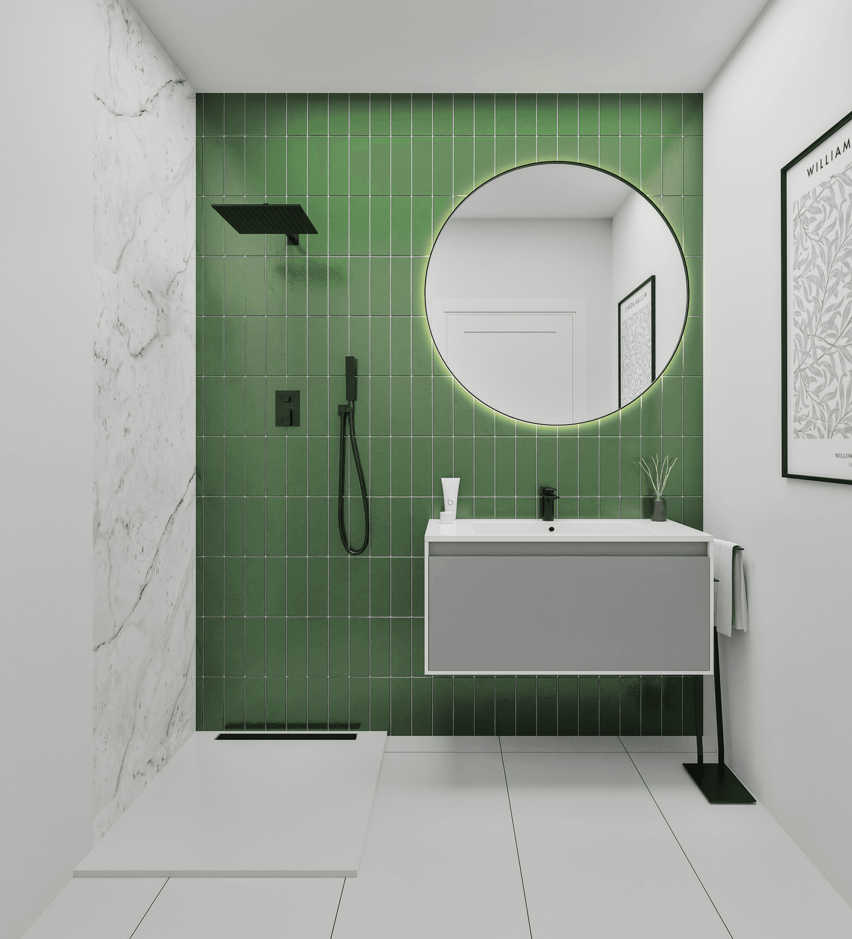 Modernes Badezimmer mit grünen Fliesen, Marmorwand und beleuchtetem Rundspiegel.