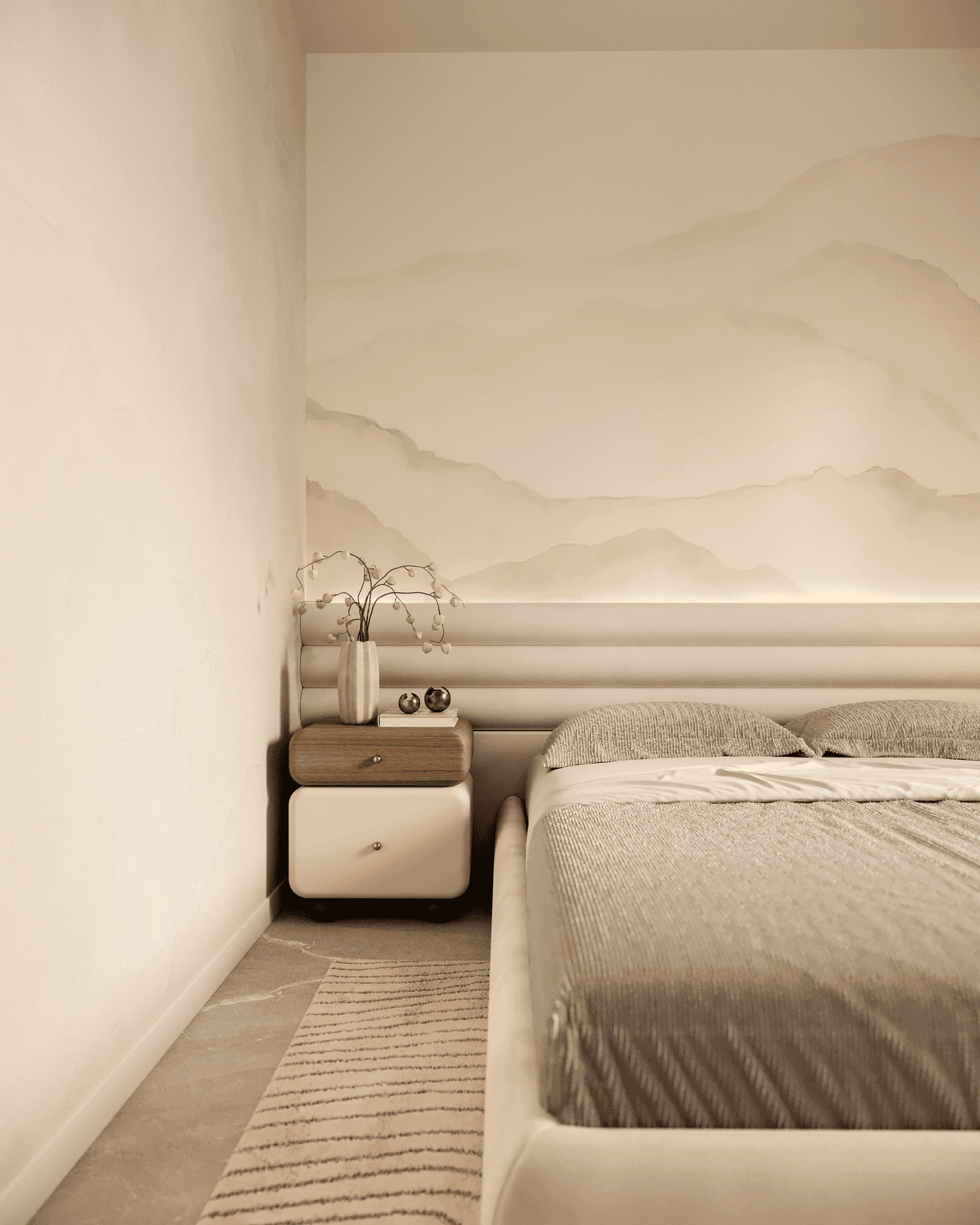 Detailansicht eines Nachttisches im modernen Schlafzimmer mit Wandbild im Berglandschafts-Stil.