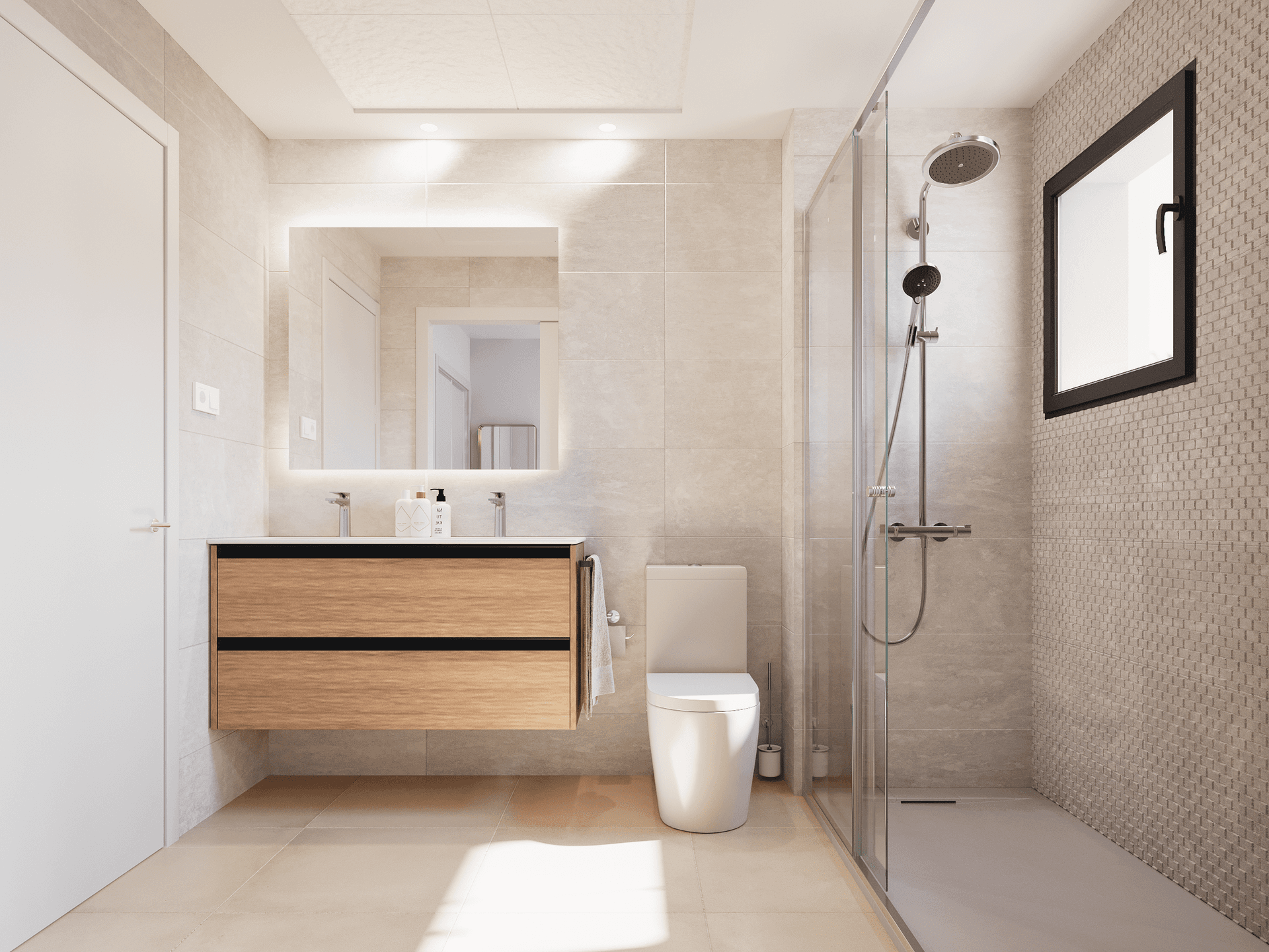 Modernes Badezimmer mit Doppelwaschbecken, begehbarer Dusche und Fenster.