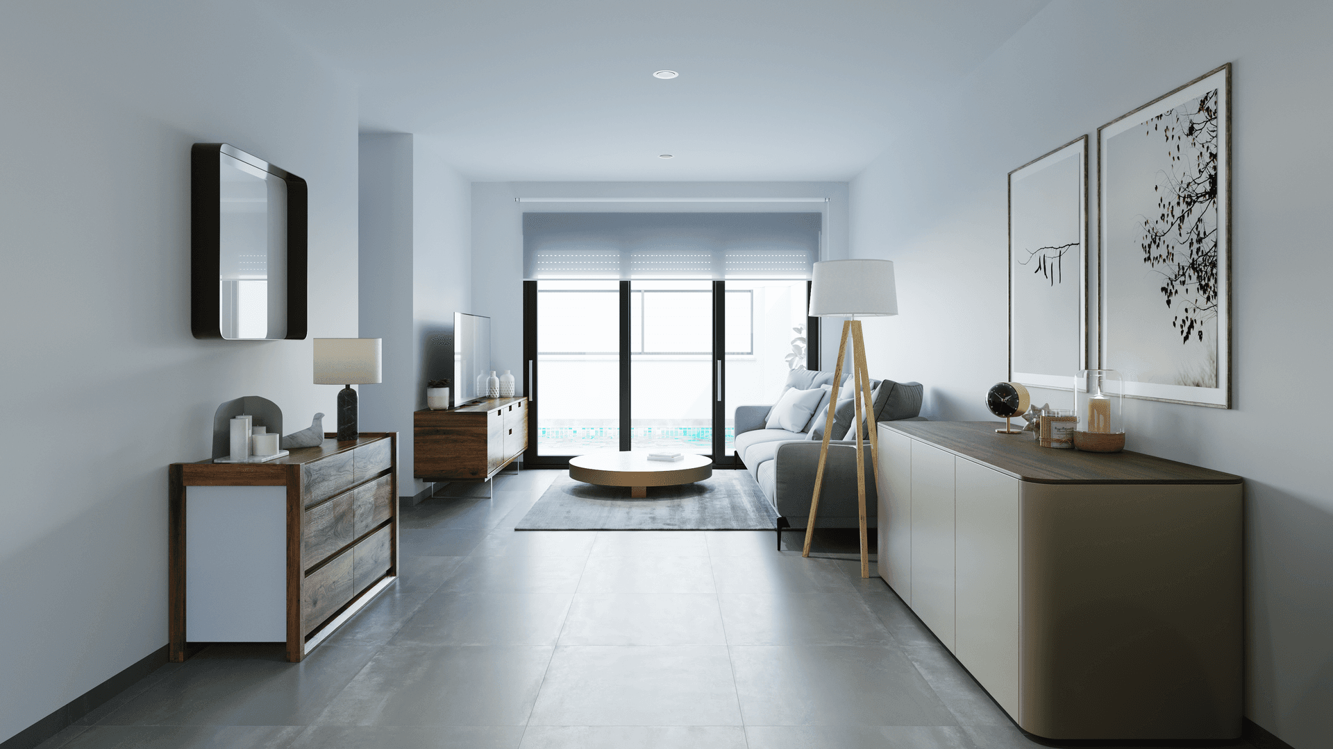 Geräumiges Wohnzimmer mit modernem Sofa, stilvollen Möbeln und großen Schiebetüren zum Außenbereich.