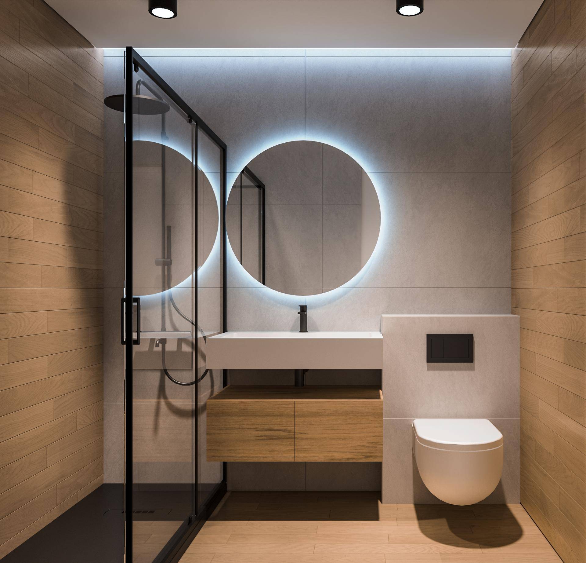 Elegantes Badezimmer mit großer Duschkabine, rundem Spiegel und warmer Holzverkleidung.