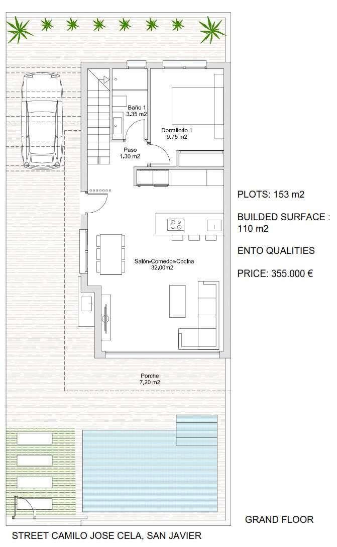 Grundriss des Erdgeschosses mit offenem Wohnbereich, Schlafzimmer, Pool und Parkplatz.