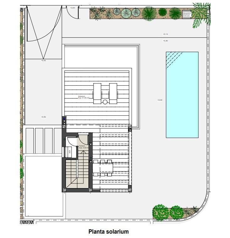 Grundriss des Solariums mit Dachterrasse, Pergola, Poolbereich und Gartenanlage.