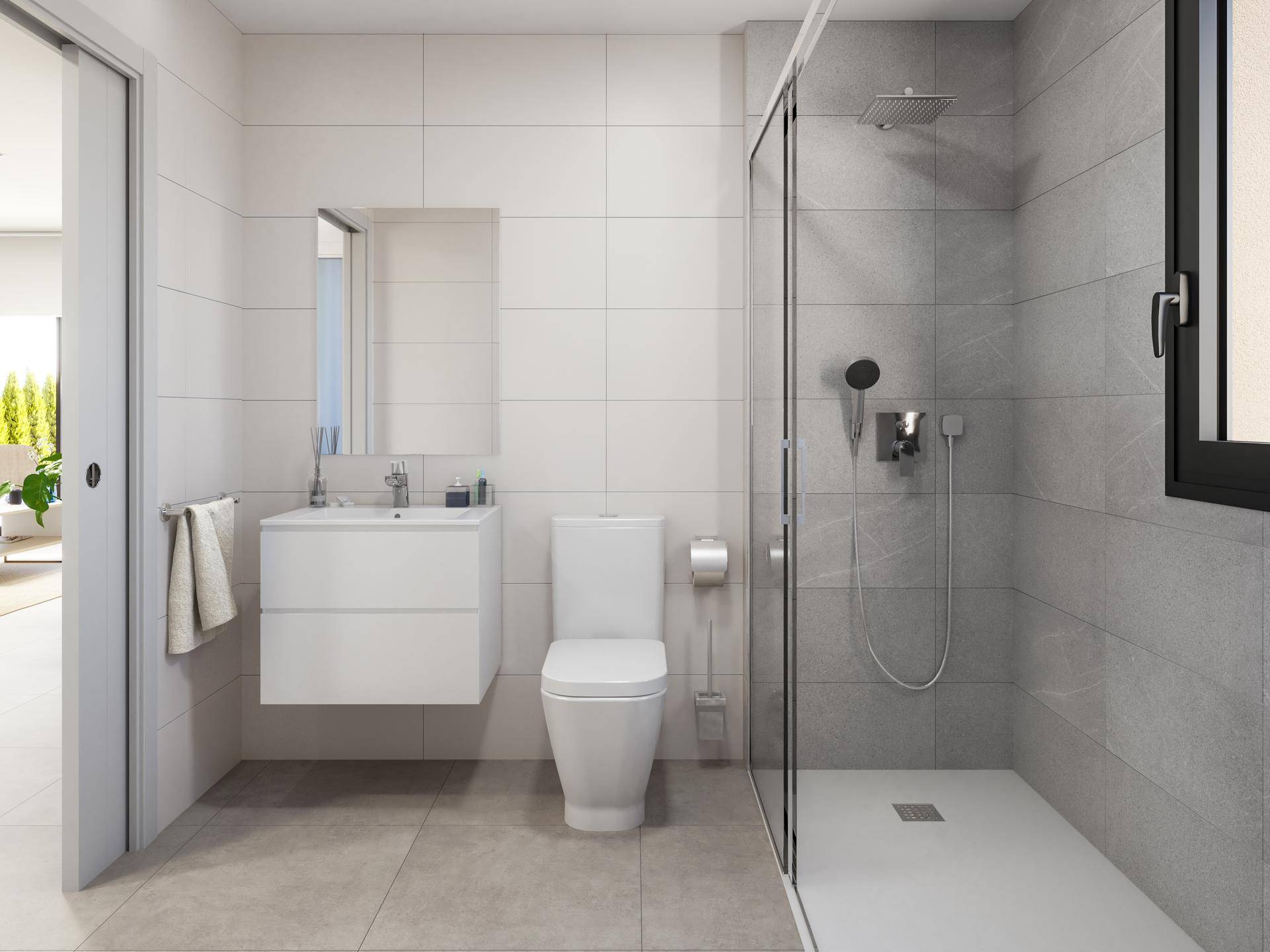 Modernes Badezimmer mit begehbarer Dusche, schwebendem Waschtisch und Fenster.