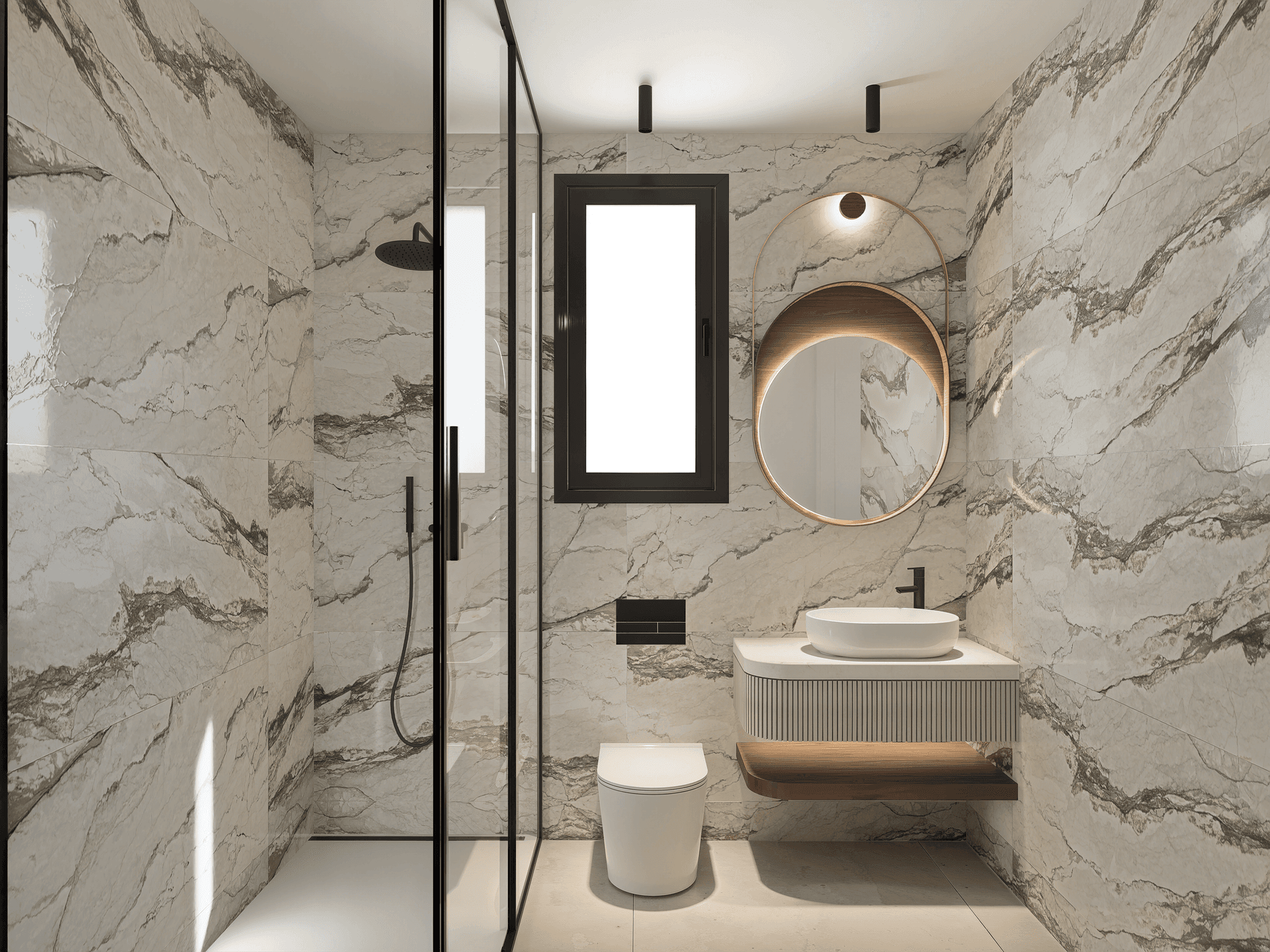 Modernes Badezimmer mit Marmorfliesen, begehbarer Dusche und stilvollem Waschtisch mit Fenster.