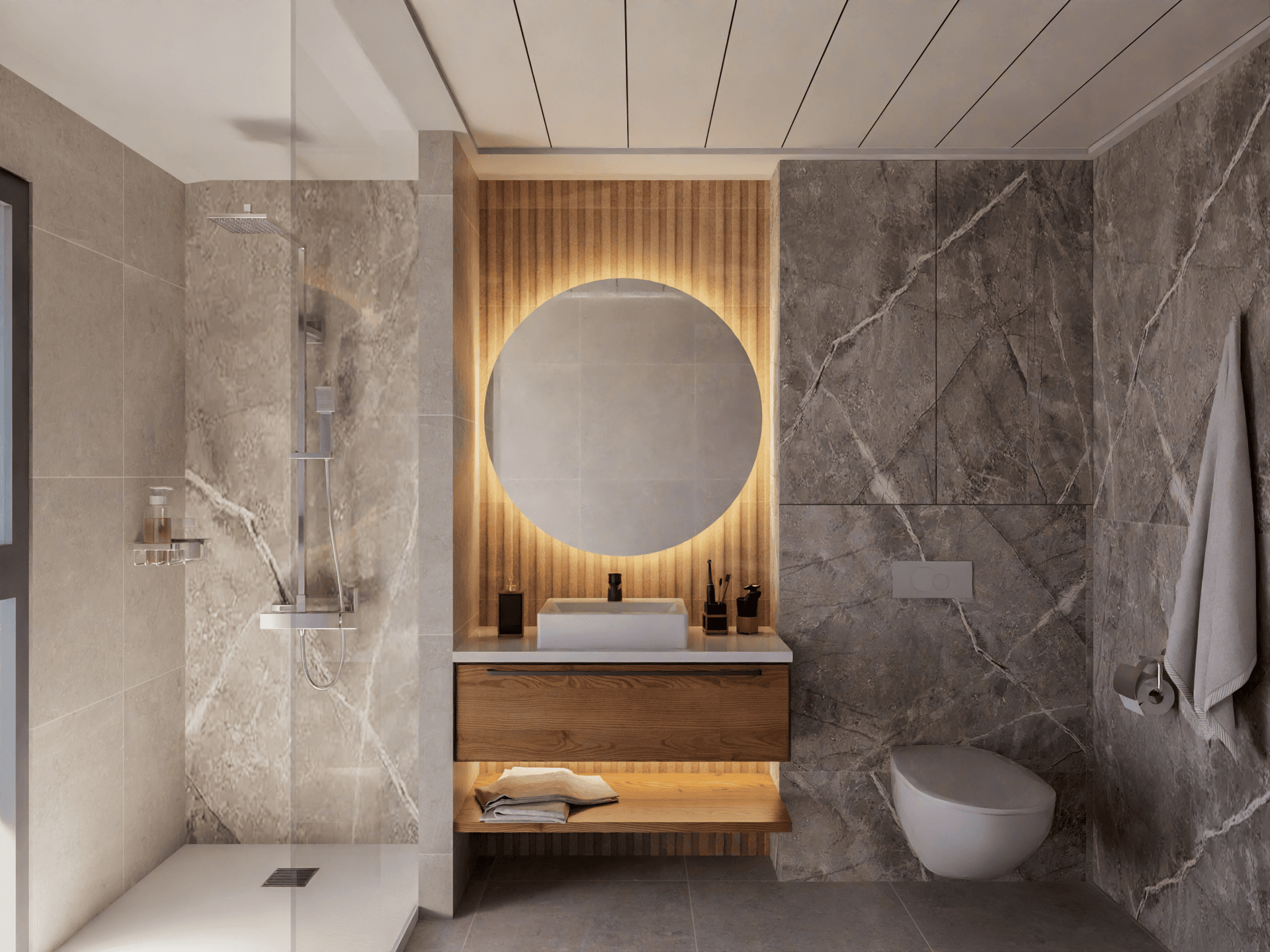 Modernes Badezimmer mit begehbarer Dusche, beleuchtetem Spiegel und Marmorfliesen.