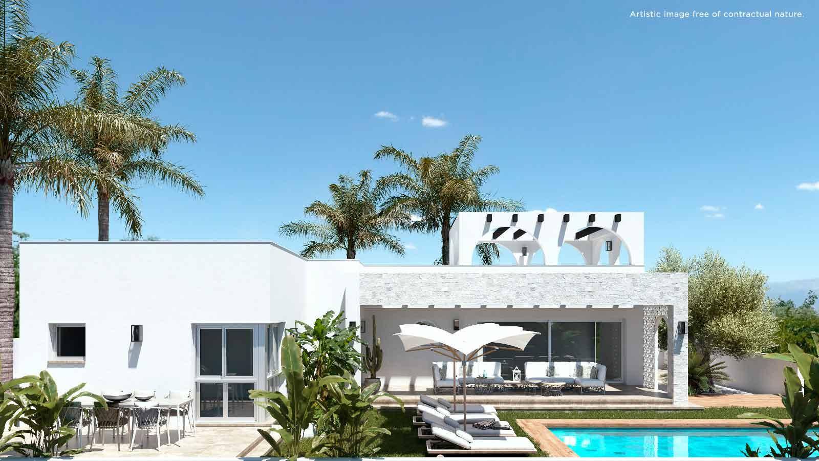 Weitläufige Terrasse mit Sonnenliegen und Essbereich neben dem erfrischenden Pool.
