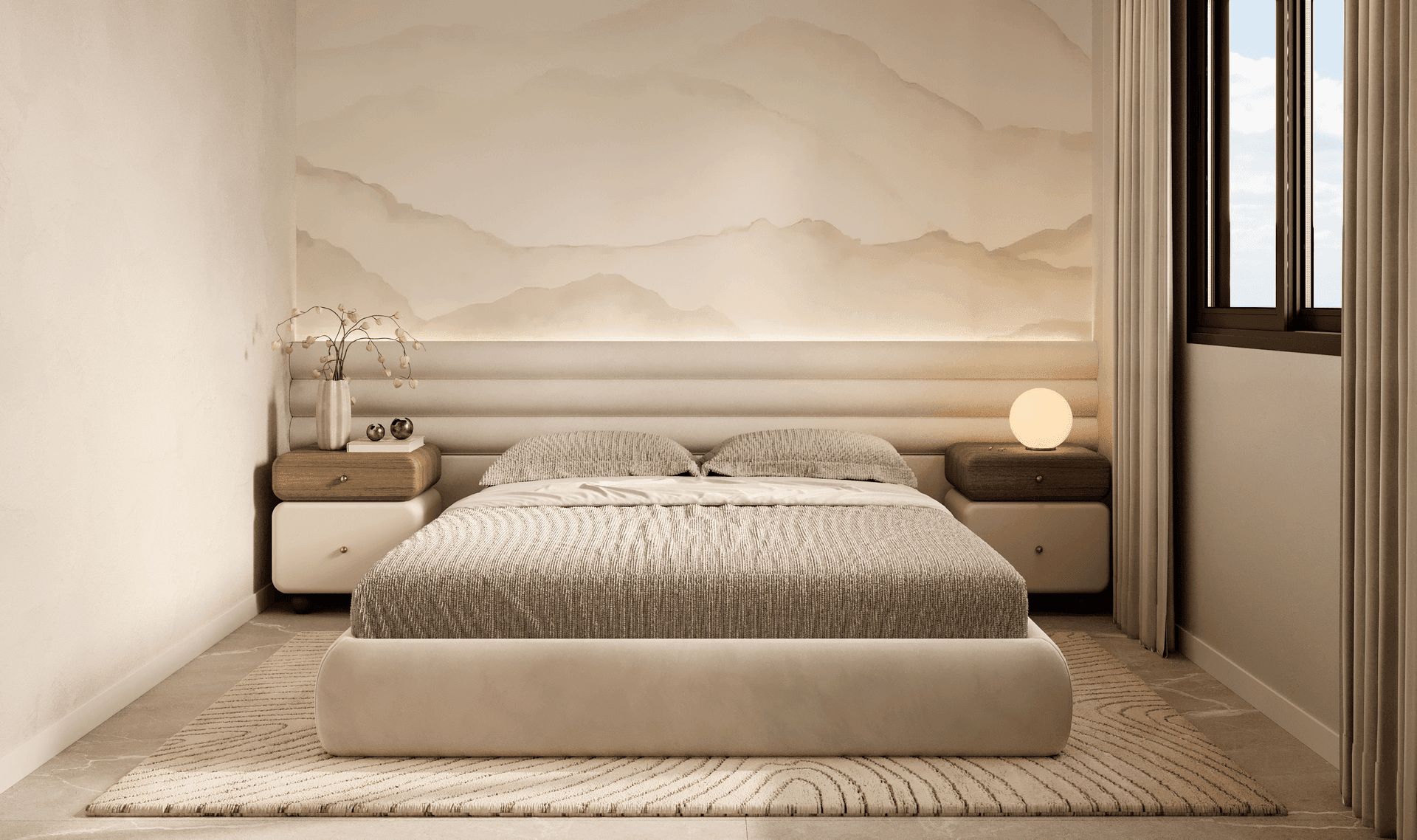 Modernes Schlafzimmer mit gemütlichem Bett, Fenster und Wandbild mit Berglandschaftsmotiv.
