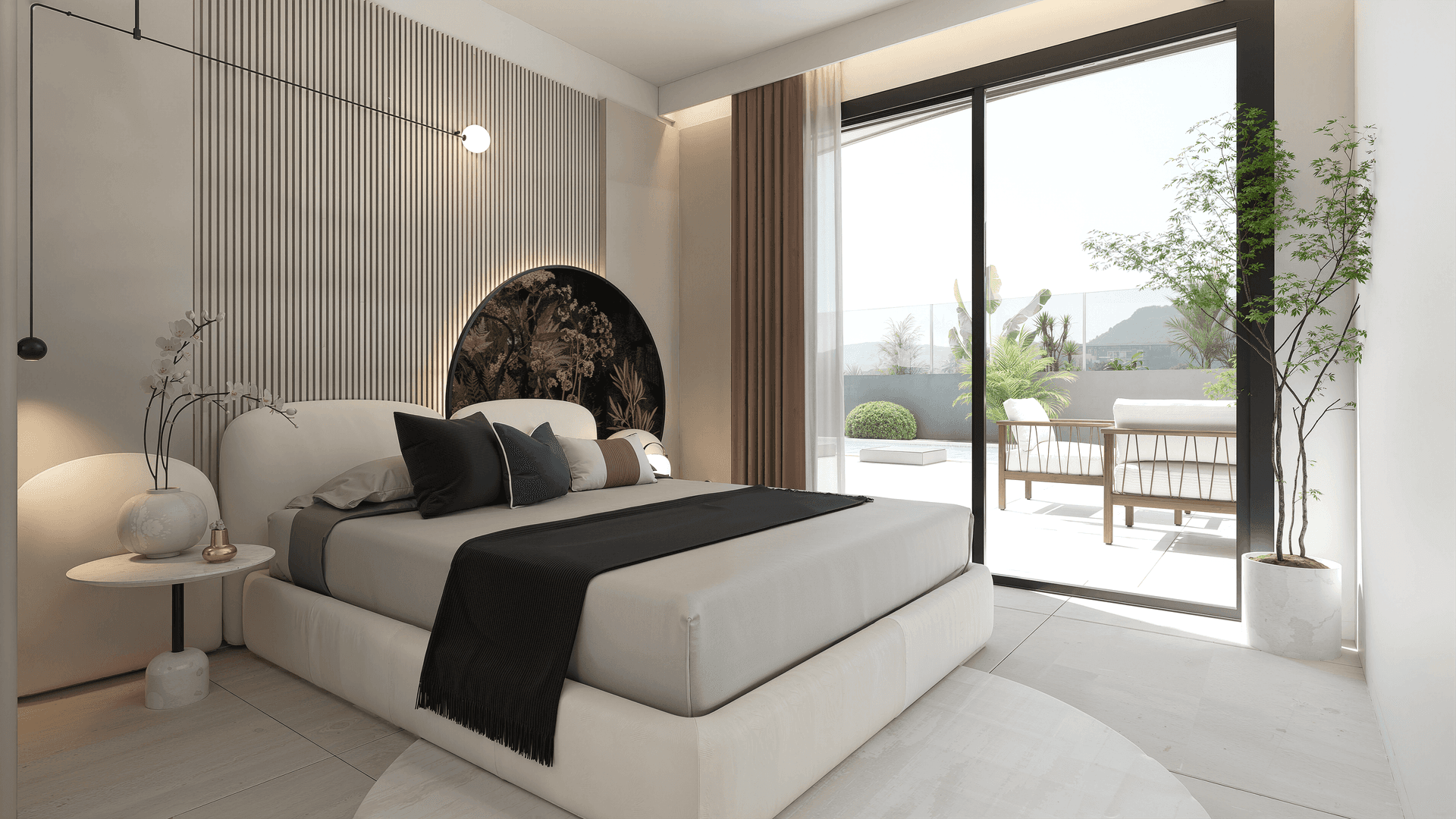 Helles Schlafzimmer mit großem Bett, minimalistischer Einrichtung und direktem Zugang zur Terrasse.