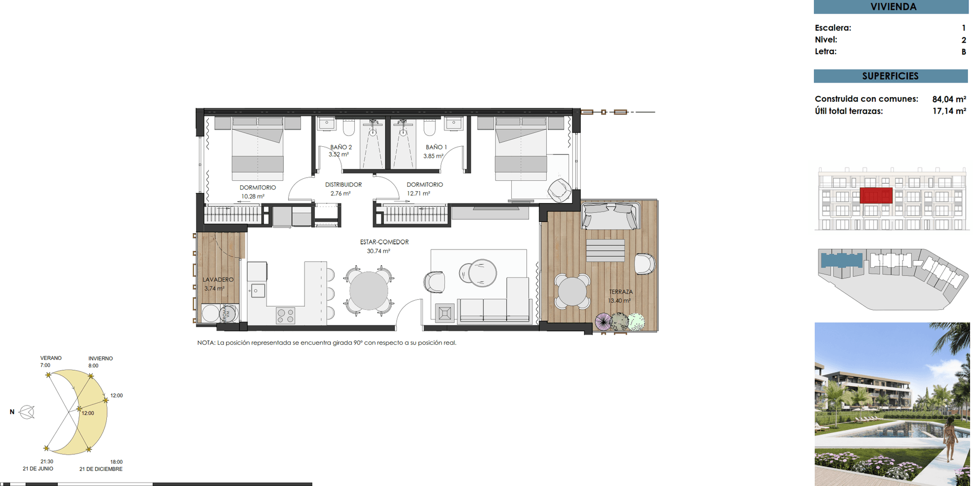 Grundriss einer Wohnung mit zwei Schlafzimmern, zwei Bädern und großer Terrasse.