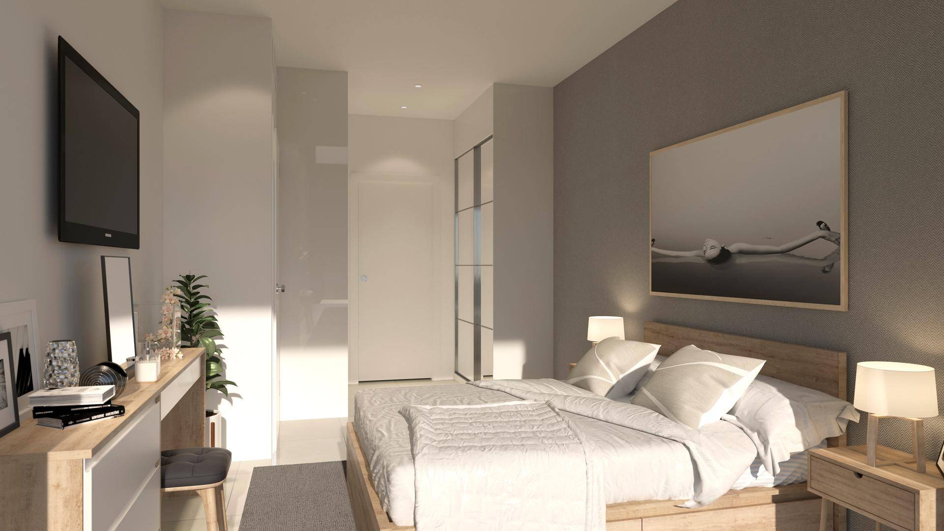 Modernes Schlafzimmer mit Holzbett, Wandfernseher und integriertem Kleiderschrank.
